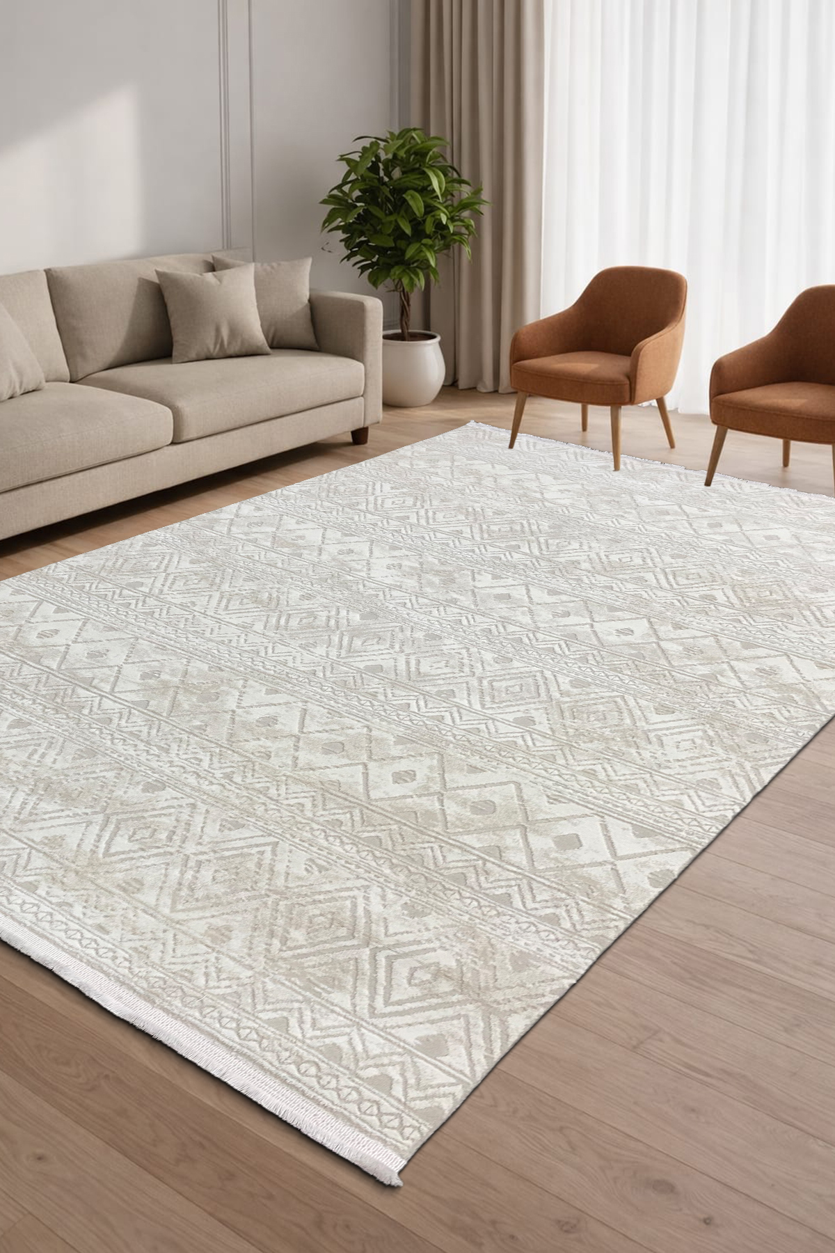 4 Square Meters - 6 Square Meters Bamboo Style Modern Living Room Kitchen Rug Antiallergic Cream