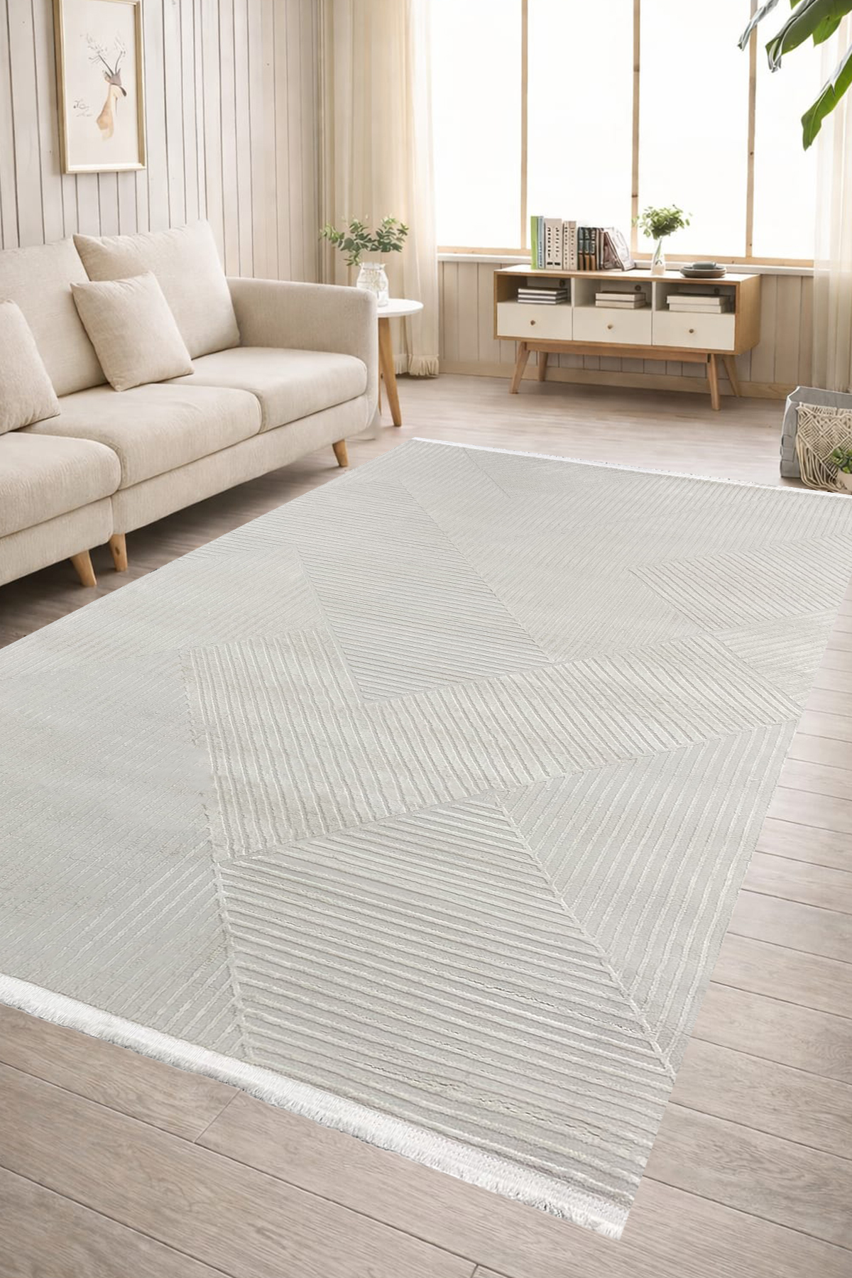 4 Square Meters - 6 Square Meters Bamboo Style Modern Living Room Kitchen Rug Antiallergic Cream