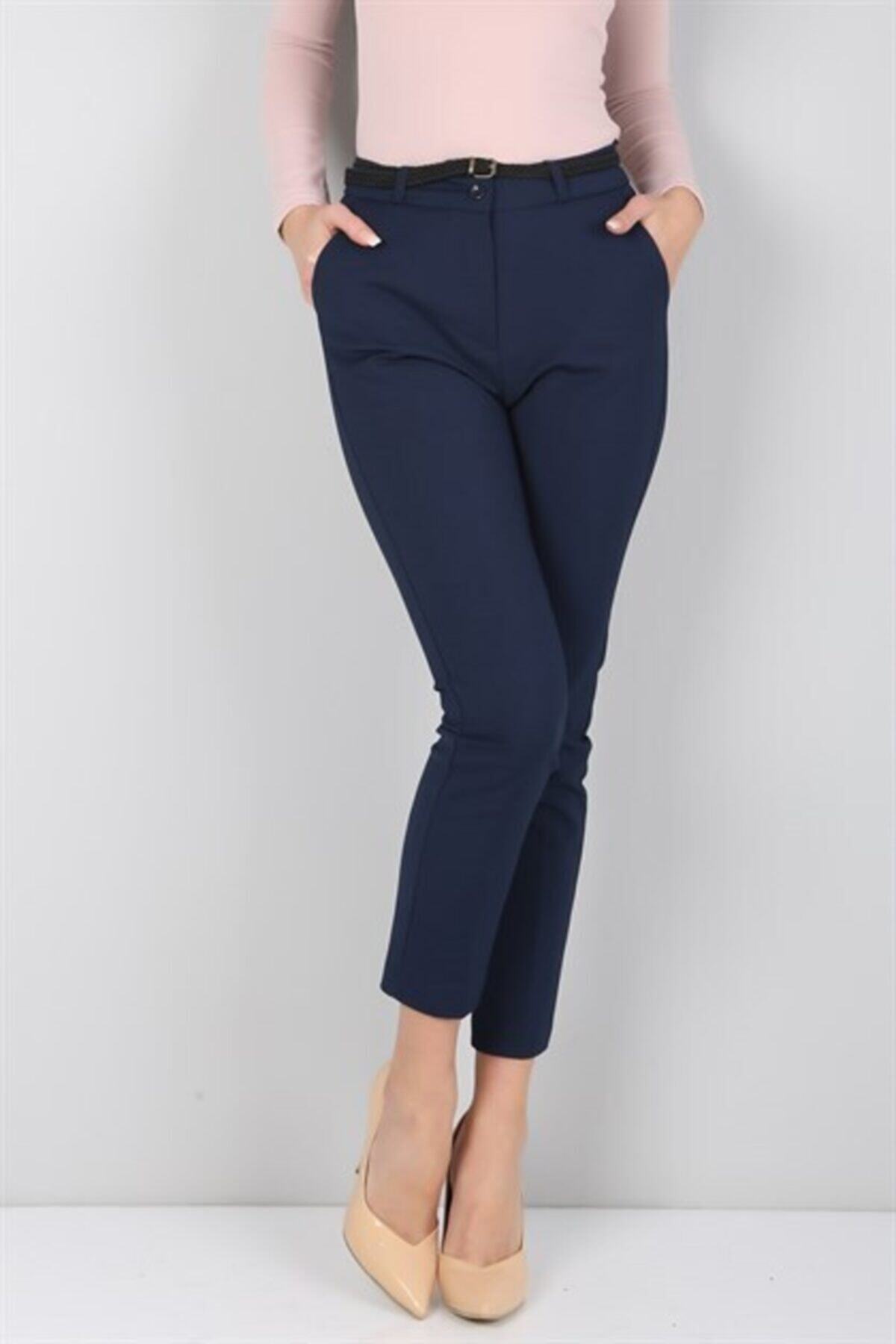 Canseven Fashion  Kadın Yüksek Bel Kalem Kesim Paça Boyu Uzun Kumaş Lacivert Pantolon