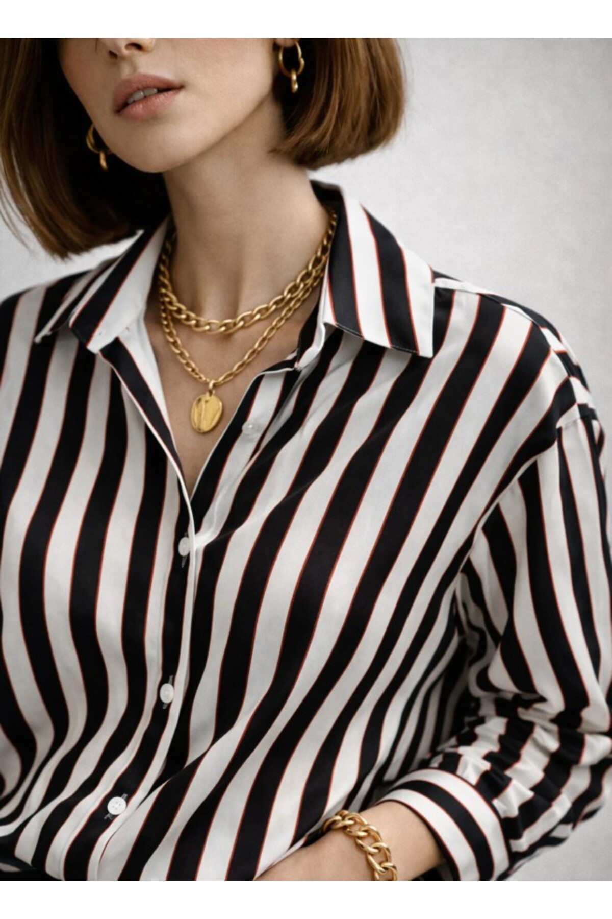 ribana  Kadın Çizgili saten kumaş Klasik Yaka, Önü Düğmeli Uzun kollu, Manşet Bitişli Gömlek 3971 - Görsel 5
