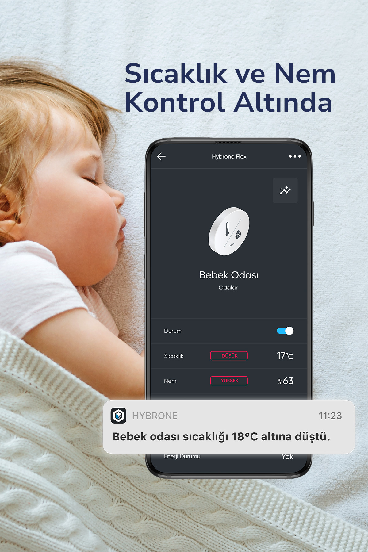 Hybrone Flex Akıllı WiFi Bebek Kamerası – Ağlama Algılama, Ninni Çalma, Gece Görüşlü, Sıcaklık ve Nem Ölçümü fotoğrafı 3 (önizleme)