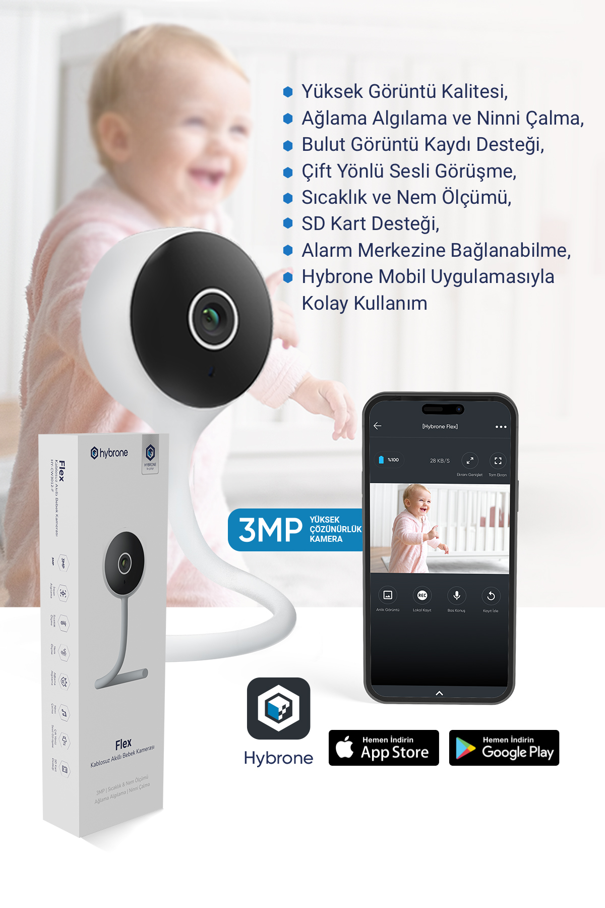 Hybrone Flex Akıllı WiFi Bebek Kamerası – Ağlama Algılama, Ninni Çalma, Gece Görüşlü, Sıcaklık ve Nem Ölçümü fotoğrafı 6 (önizleme)