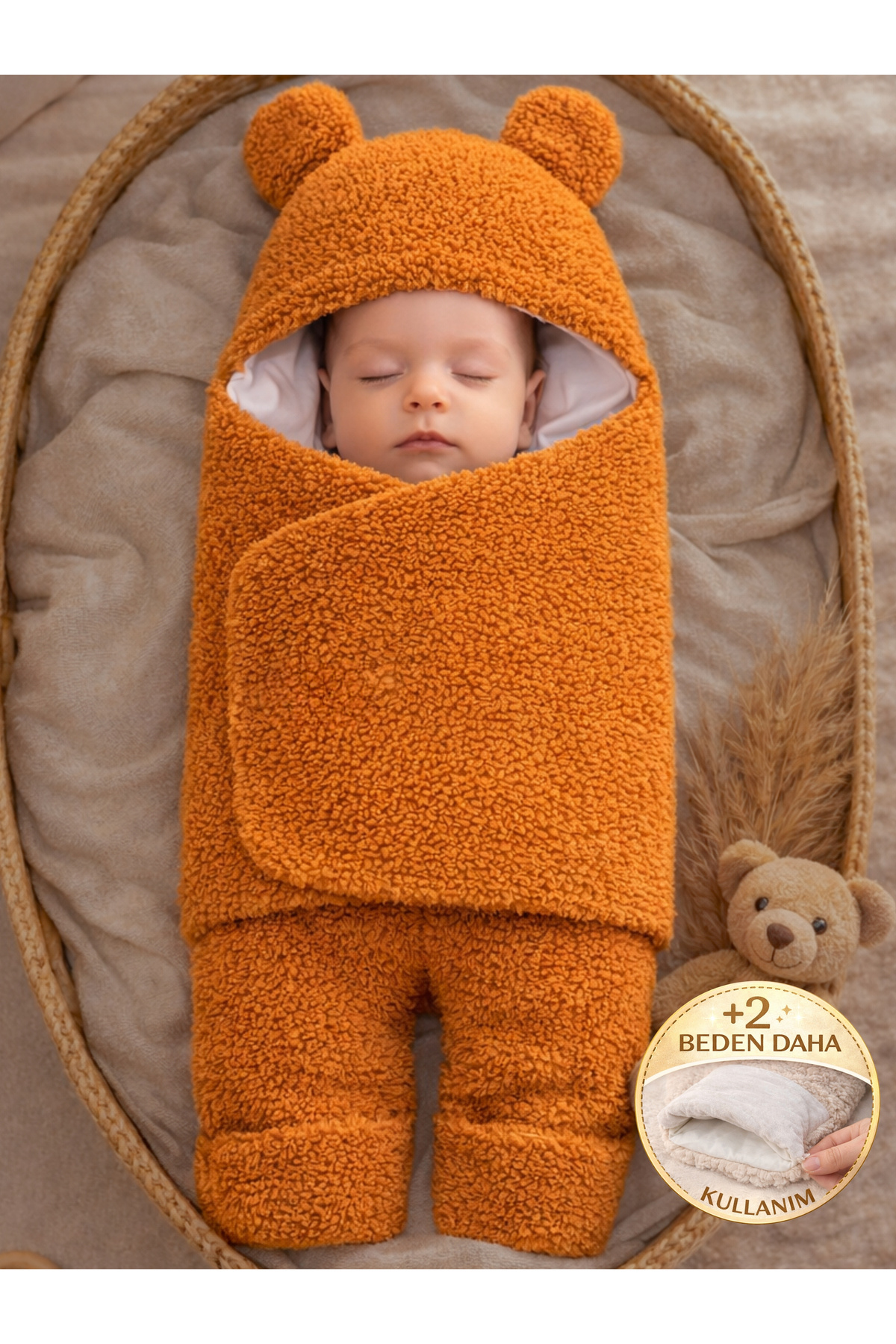 0-12 Months Fibered Plush Welsoft Eared Ecru Exterior Baby Swaddle & Blanket Winter Sleeping Bag
