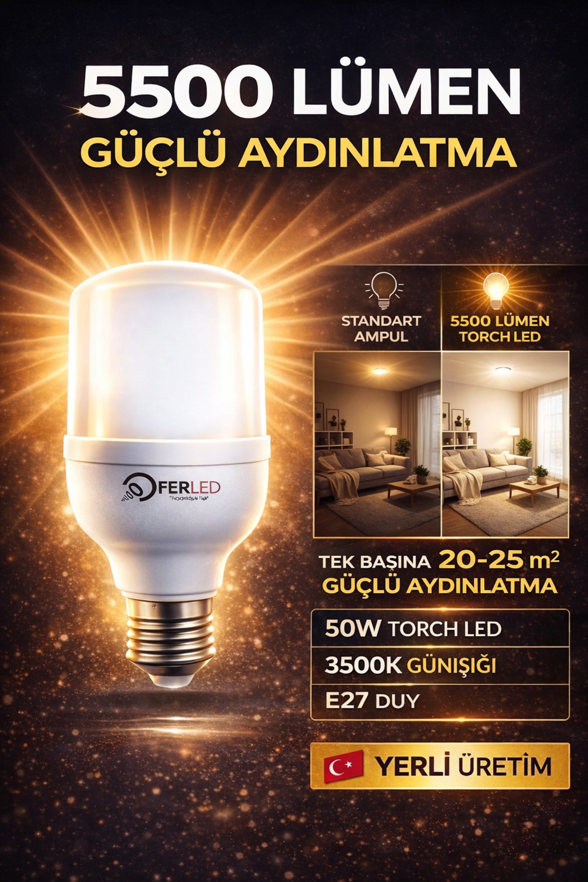 Ferled 50W LED Torch Ampul 3500K Günışığı E27 5500 Lümen A+ Enerji Tasarruflu