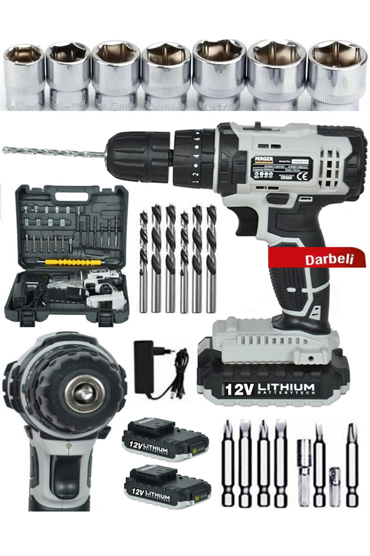 Mager Germany Thechnology 12 Volt 1,3 Ah Darbeli Çift Akülü 24 Parça Setli,şarjlı Vidalama Matkap Grey