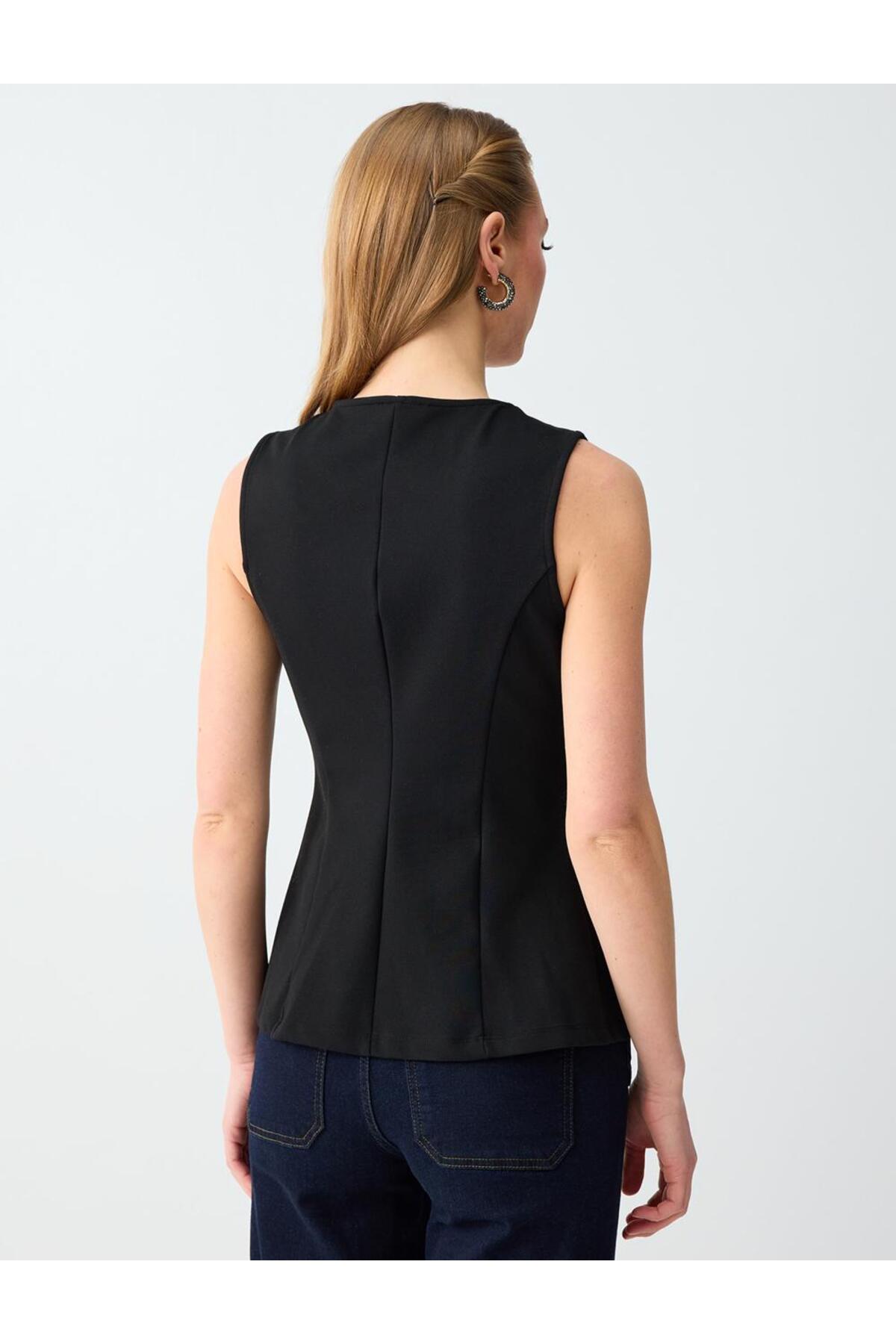 Jimmy Key  Siyah Dar Kesim Bisiklet Yaka Örme Kolsuz Bluz - Görsel 6