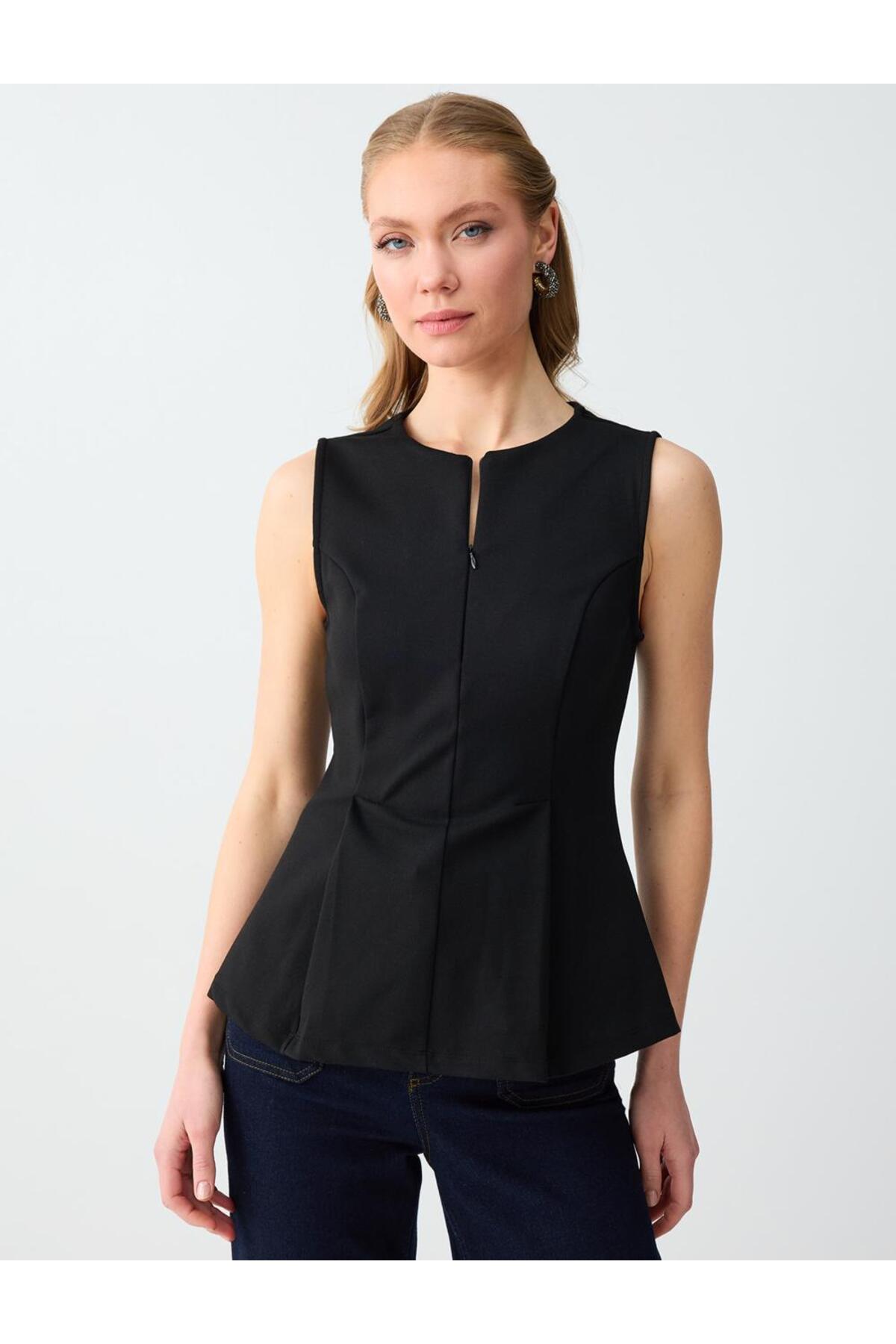 Jimmy Key  Siyah Dar Kesim Bisiklet Yaka Örme Kolsuz Bluz - Görsel 5