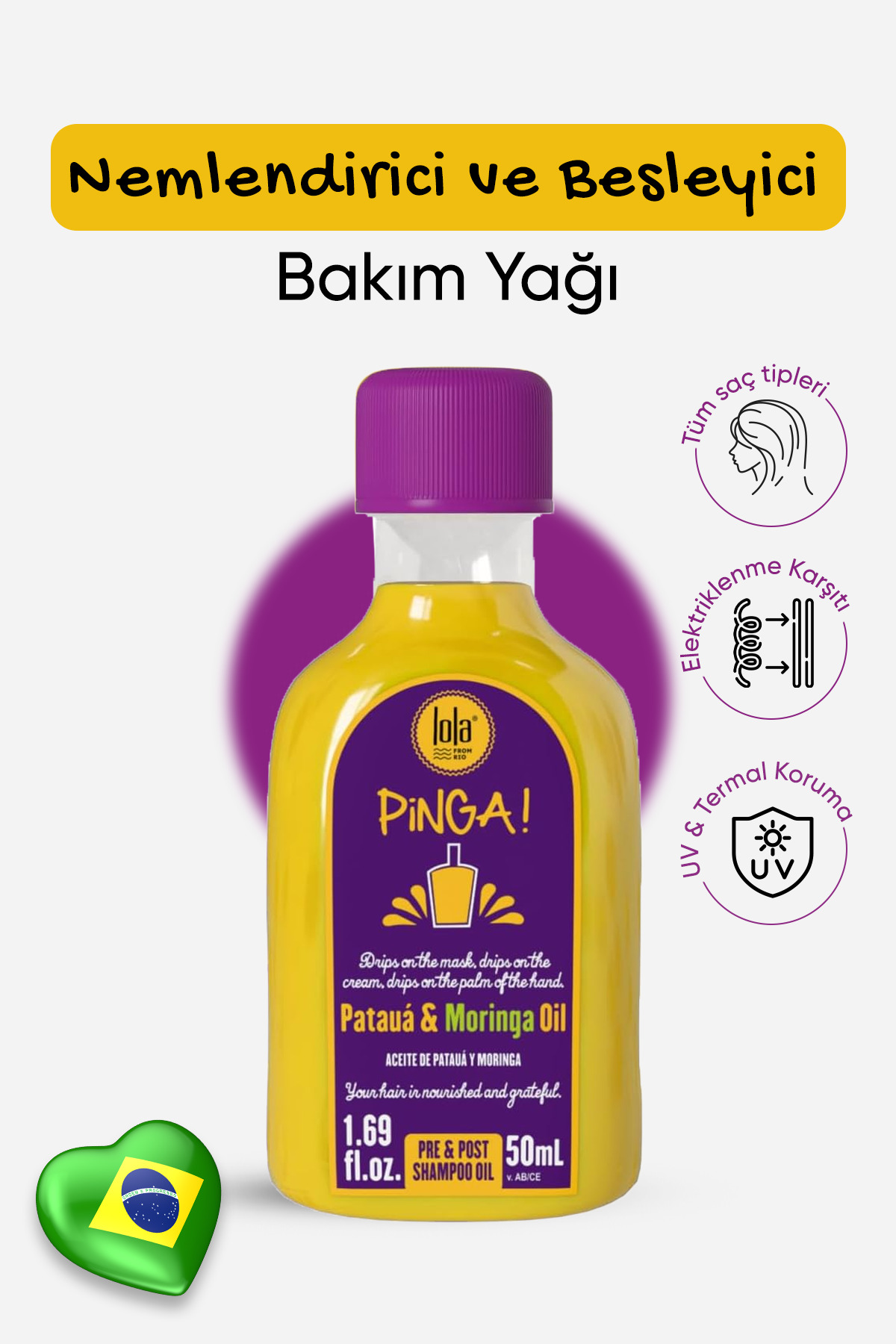 Lola From Rio Pinga Pataua ve Moringa Saç Yağı, Derinlemesine Nemlendirir, Ekstra Parlak ve Yumuşak Saçlar 50 ml — 7899572810208