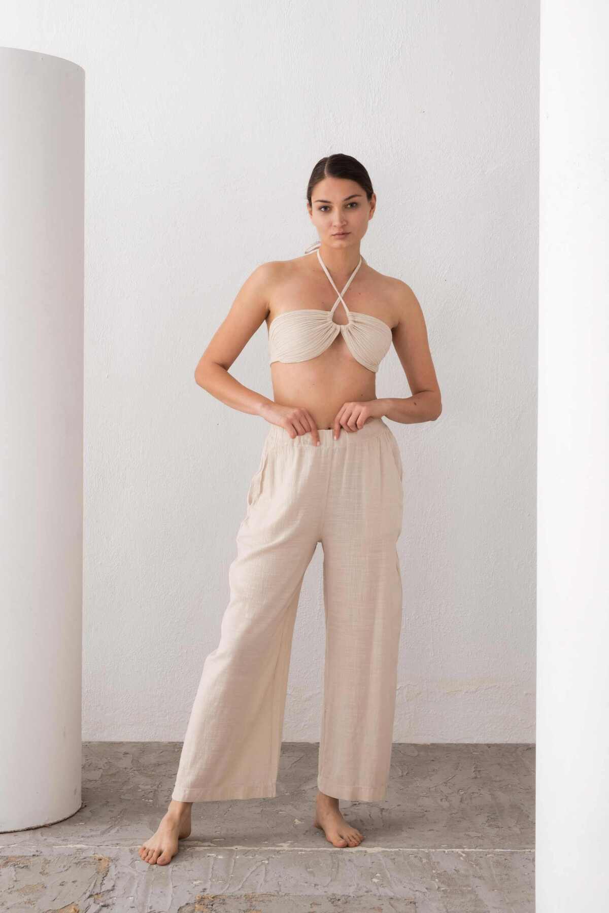 Muslin Front Shrink Crop Ball BEIGE