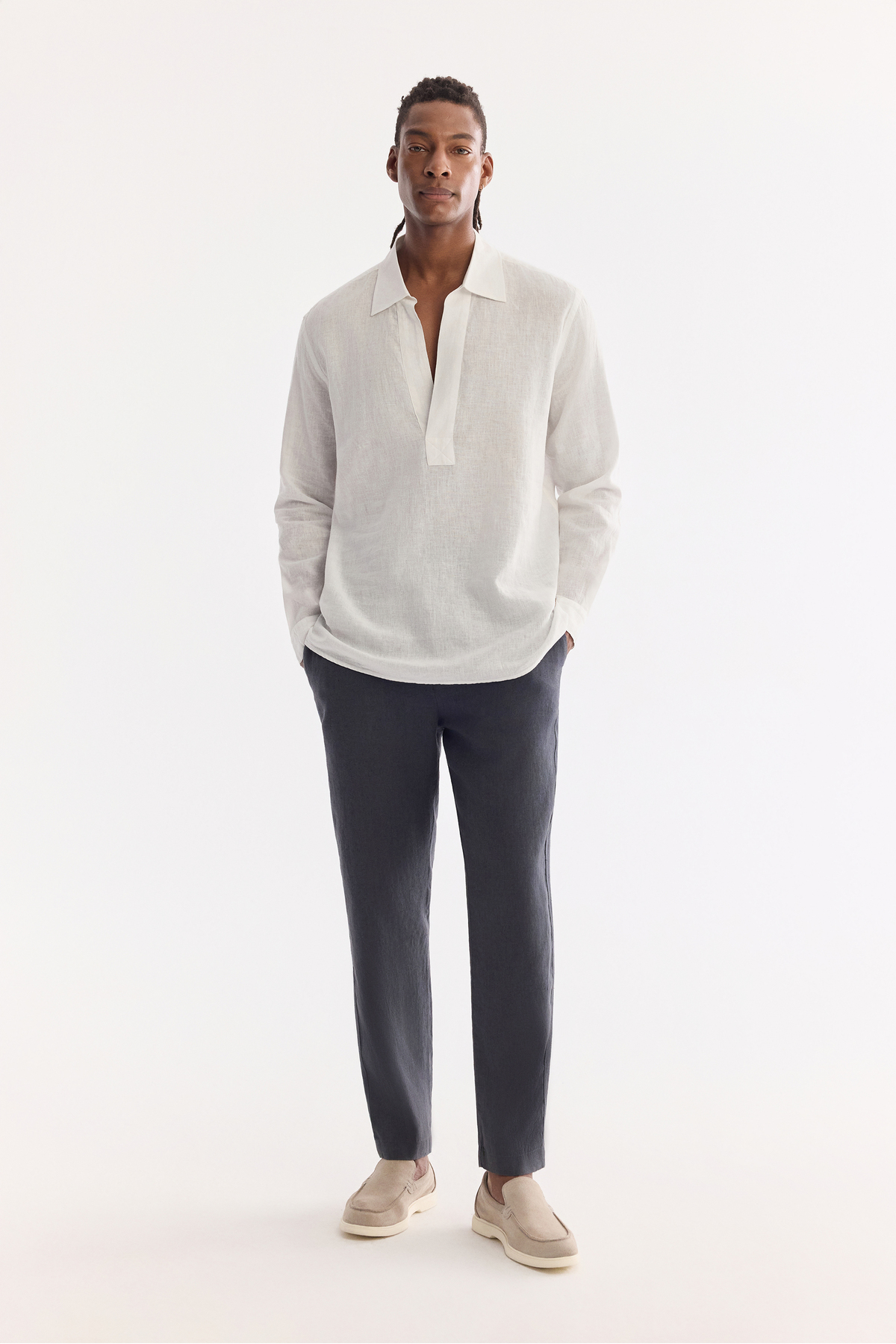 Men's Anthracite Elastic Waist 100% Linen Relaxed Fit Pants B003032