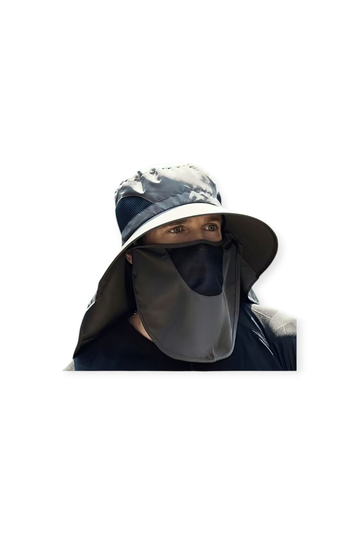 Wide-brimmed Bucket Hat with Sunscreen Breathable Mask and Neck Cover Grey