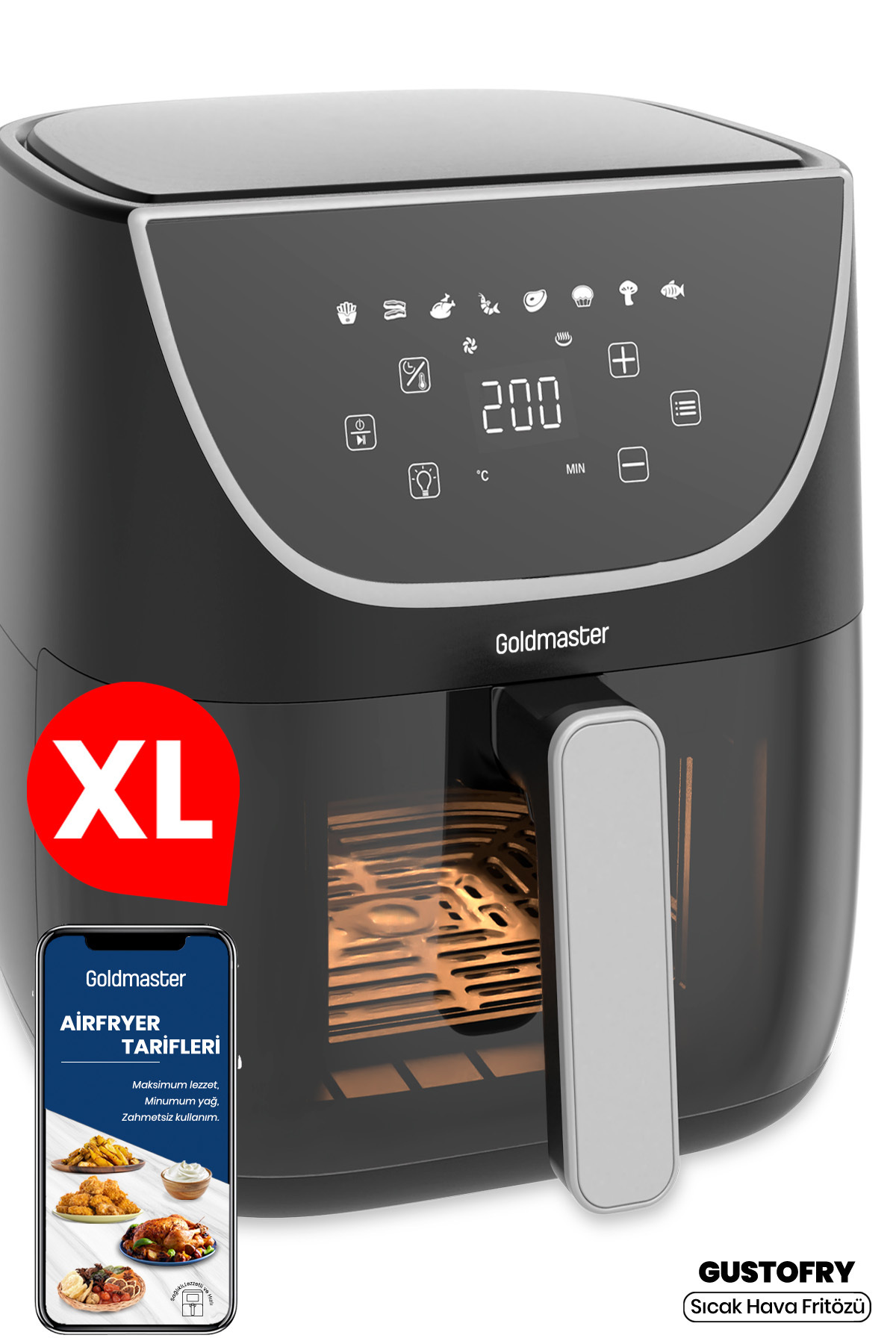 Goldmaster Gustofry 1700 Watt Xl Dokunmatik 8 Ön Ayarlı Cam Kapaklı Hazne Aydınlatmalı Airfryer Sıcak Hava Fritözü