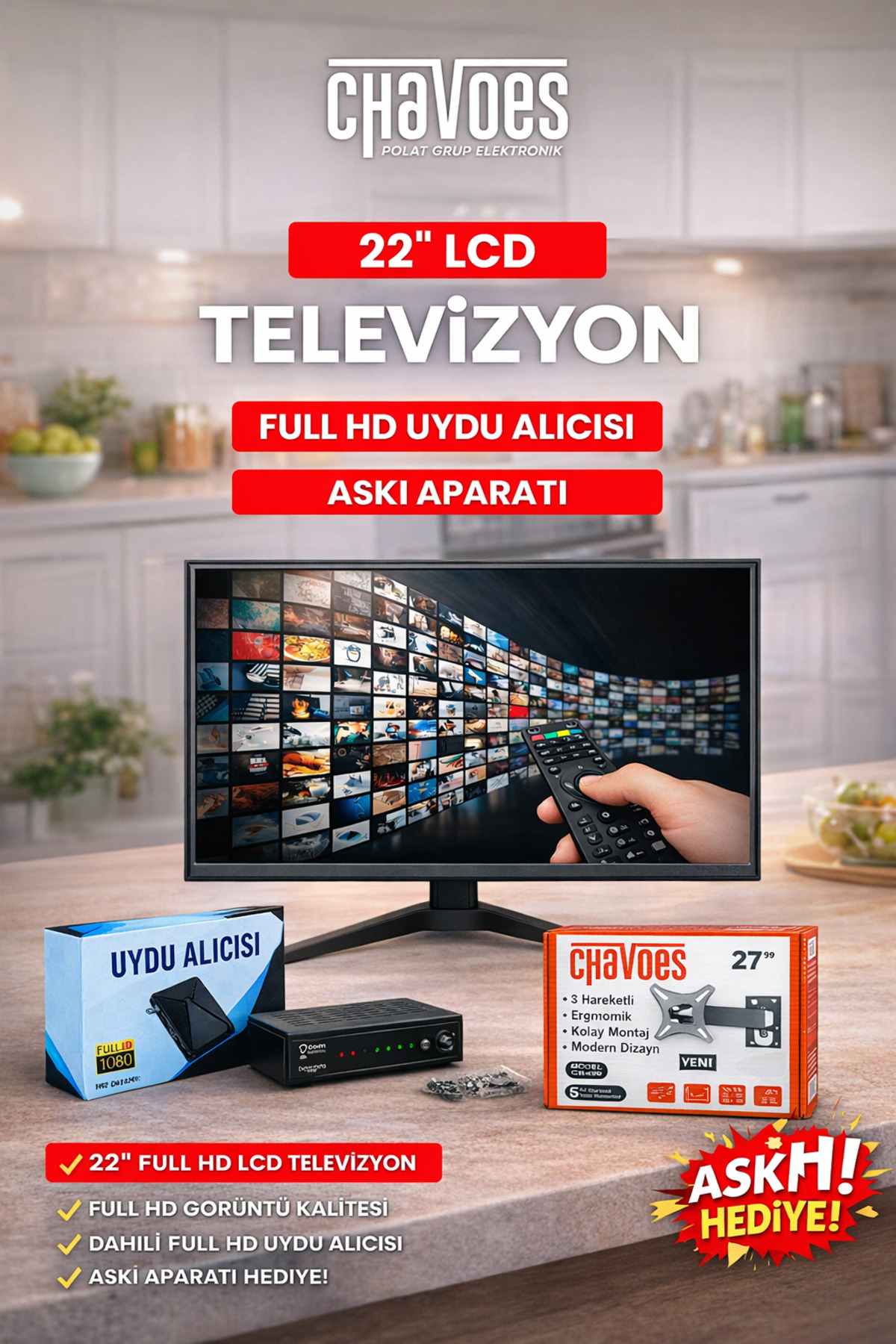 Chavoes 22 İnç Mutfak Televizyonu | Full HD Uydu Alıcılı LCD TV + Askı Aparatı