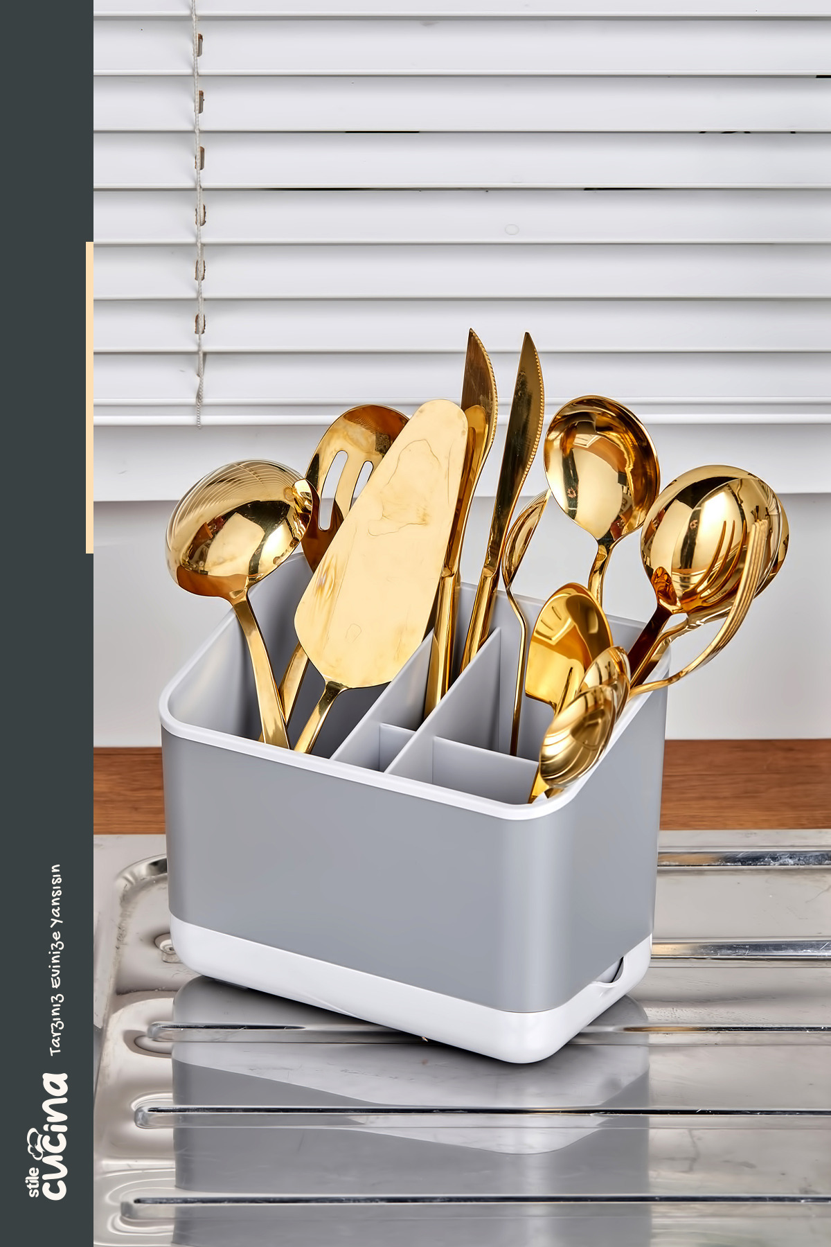 Practical Compartmented Countertop Spoon Fork Knife Dryer Grey