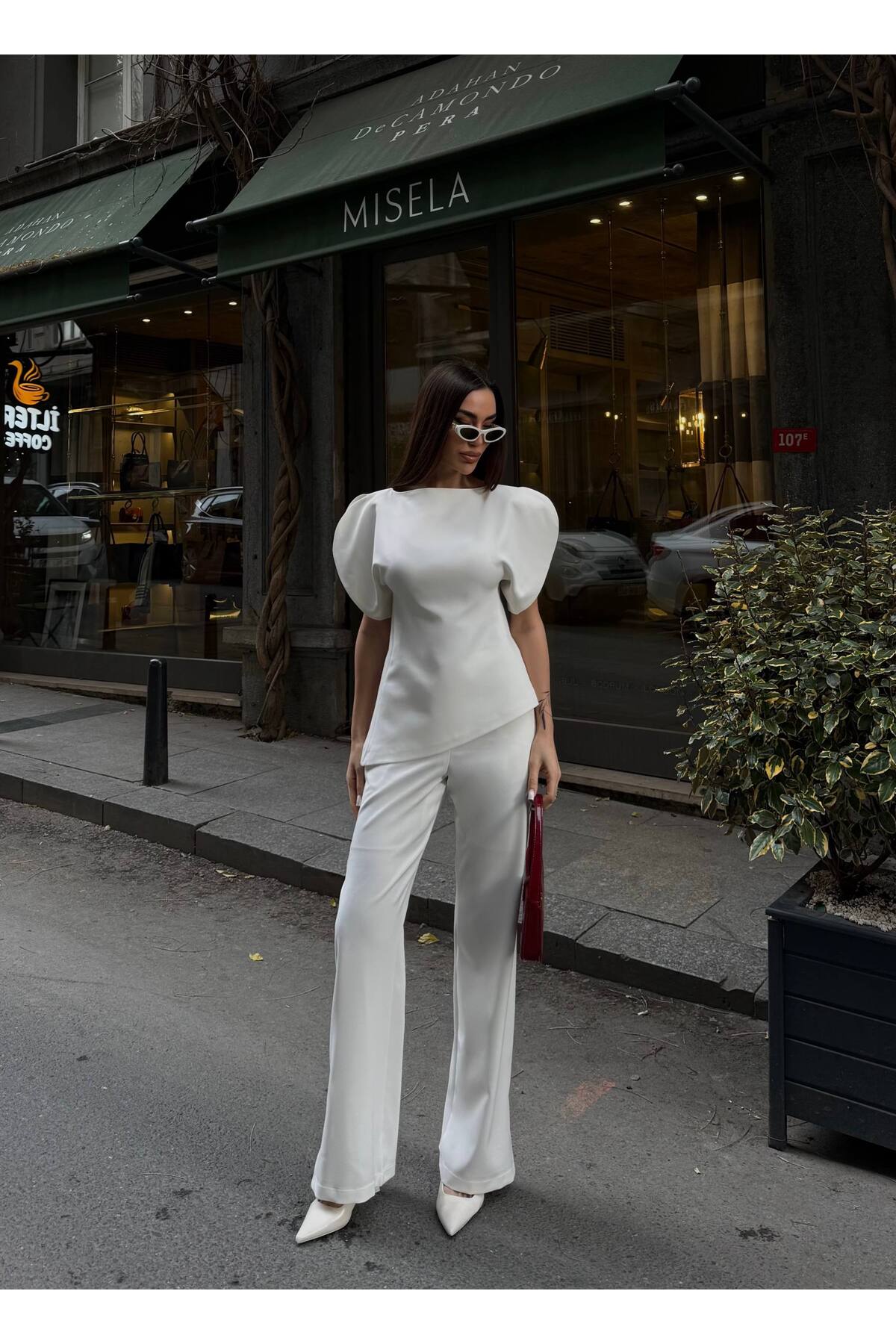 Balloon Sleeve Asymmetrical Blouse and Pants Bottom Top Premium White Set