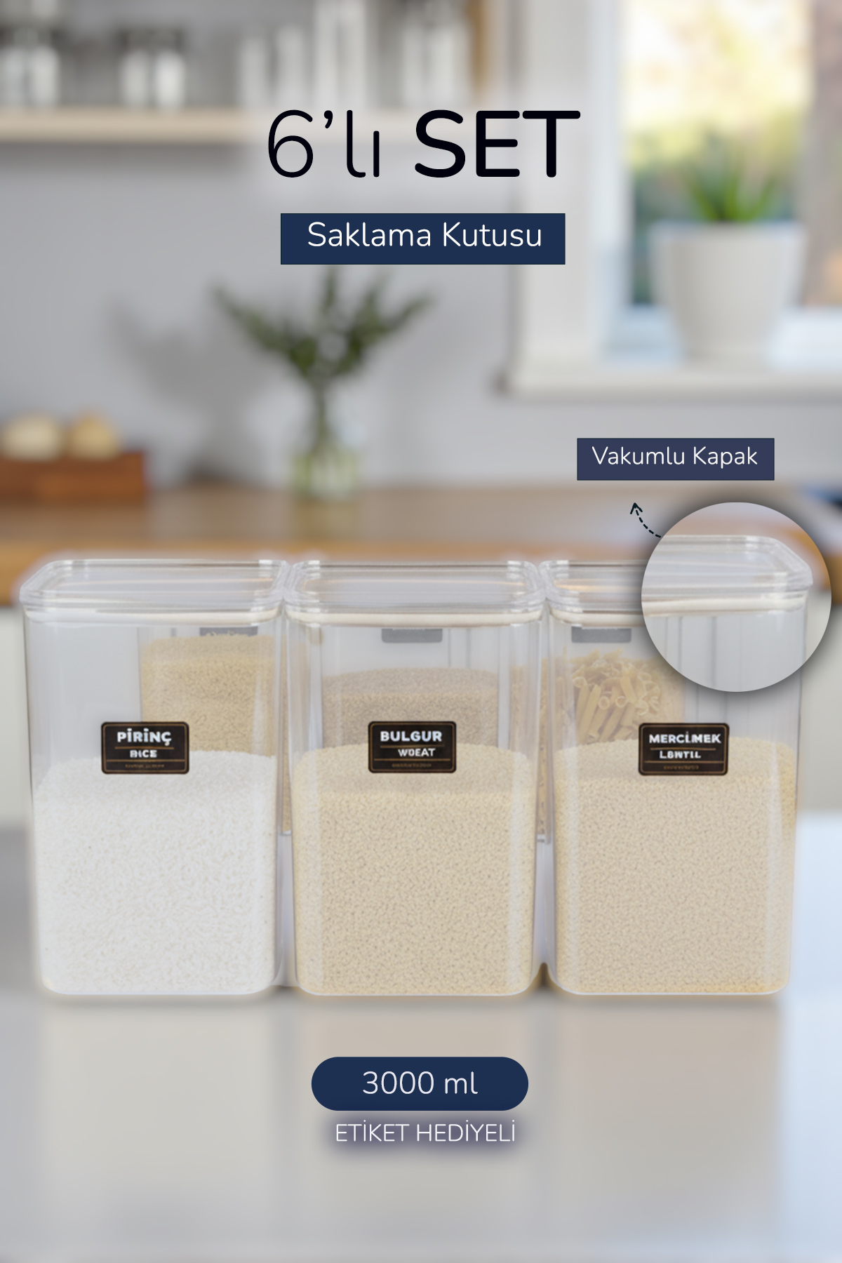 6-Piece Labeled Provisions Pulses Pantry Cabinet Kitchen Organizer Storage Container Set 3000 ml