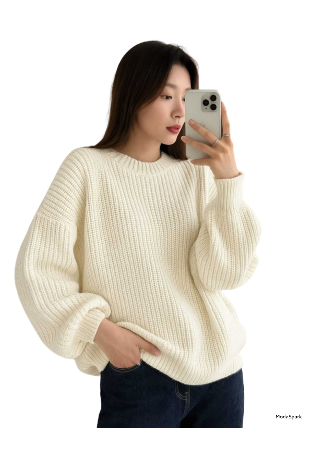 MODASPARK  Ekru Bisiklet Yaka Oversize Kadın Triko Kazak