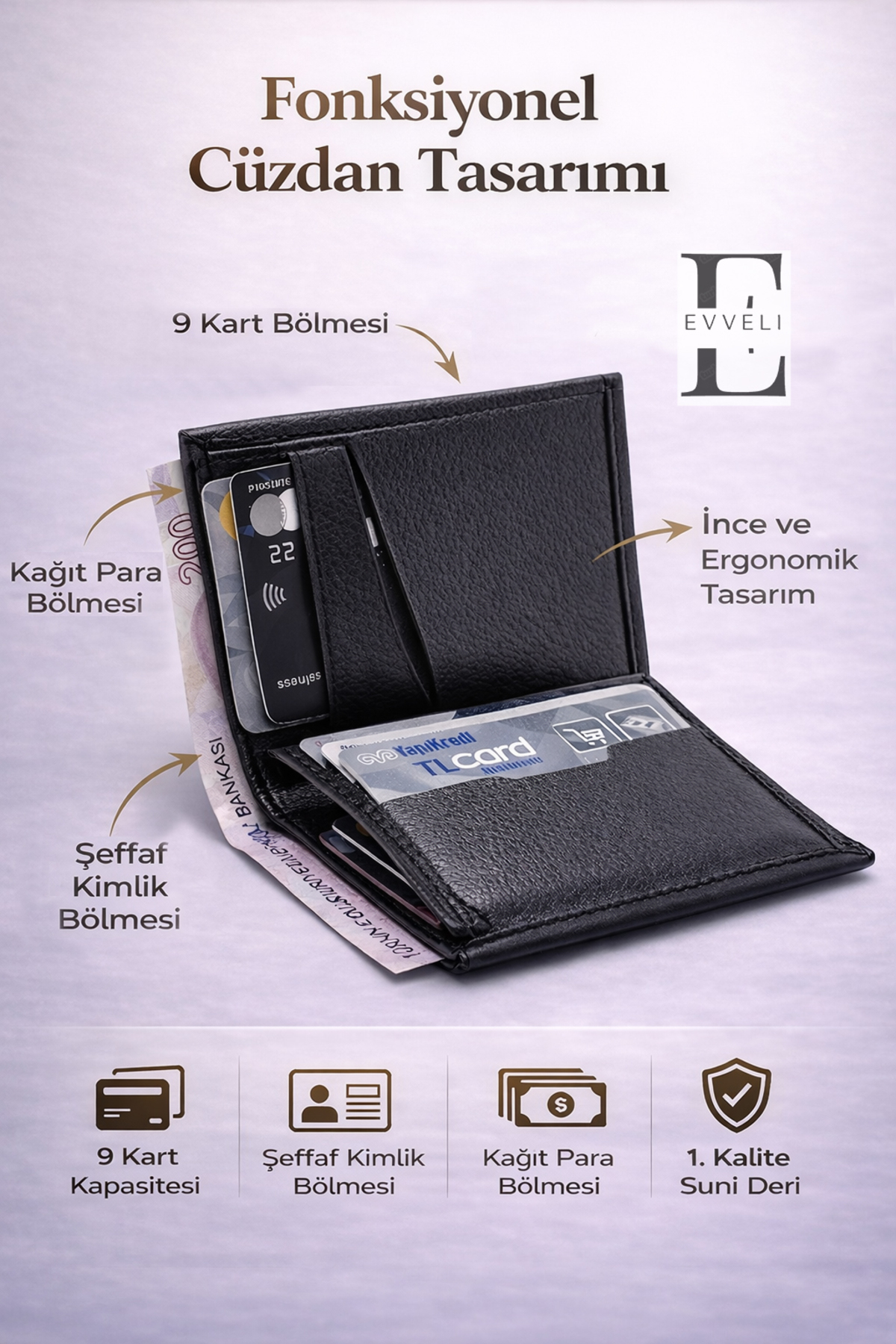 EVVELİ  Erkek Cüzdan Anahtarlık & Bileklik Seti | Siyah | Deri Hediyelik - Görsel 2