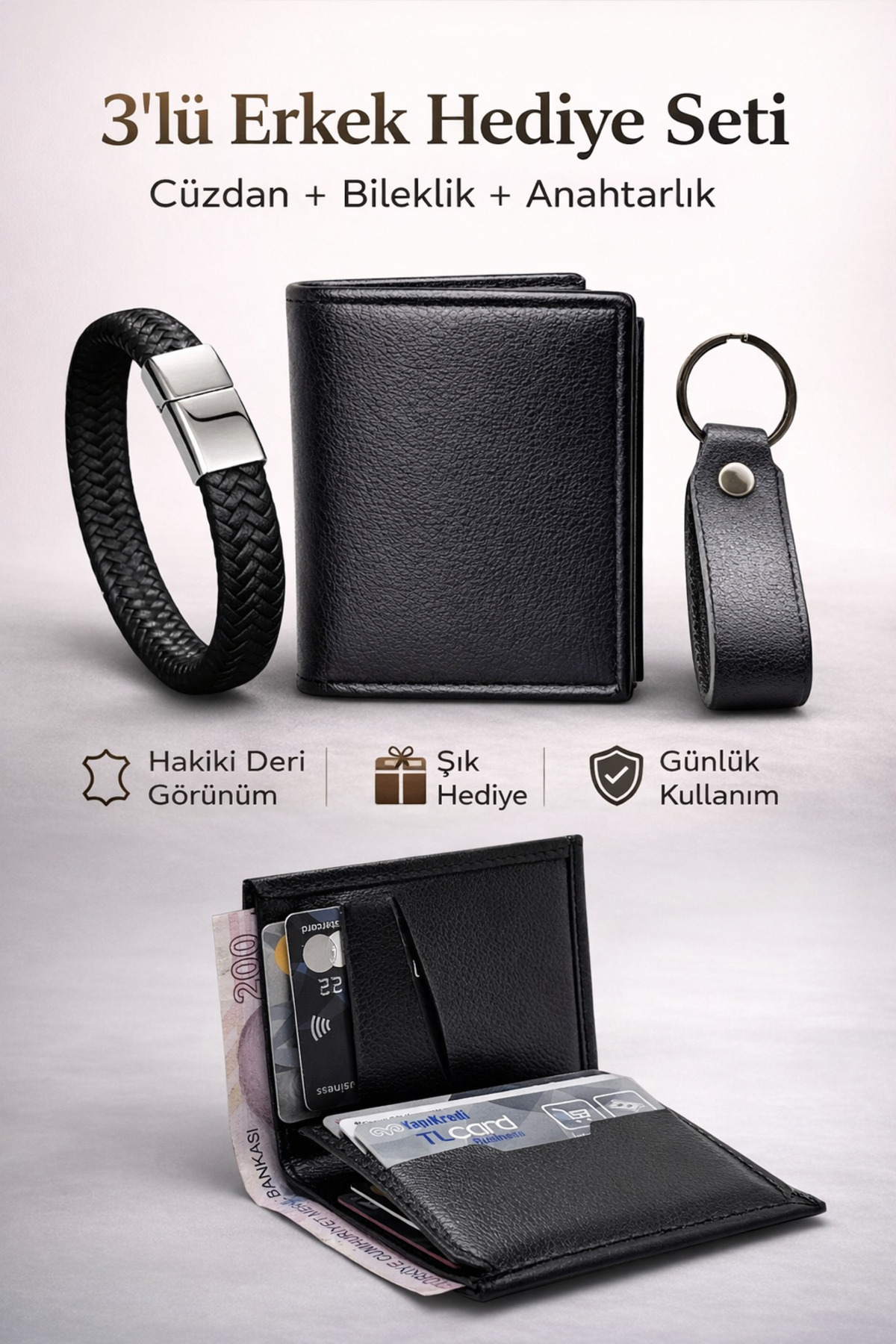 EVVELİ  Erkek Cüzdan Anahtarlık & Bileklik Seti | Siyah | Deri Hediyelik