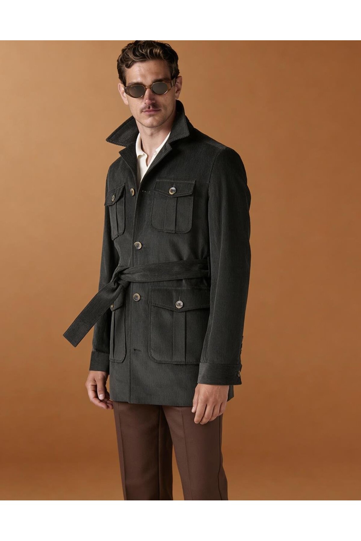 HC MEN CLASSIC Erkek Modern Fit Safari Tarz Ceket Yaka Trençkot Kuşaklı Kadife Kumaş