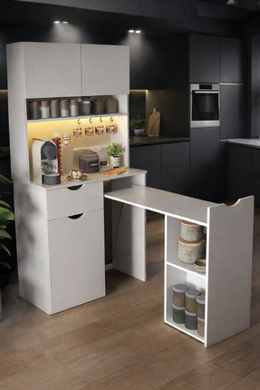 Setay Lectus Kahve Köşesi + Çok Amaçlı Raflı Dolap, Açılır Mutfak Masası - Beyaz