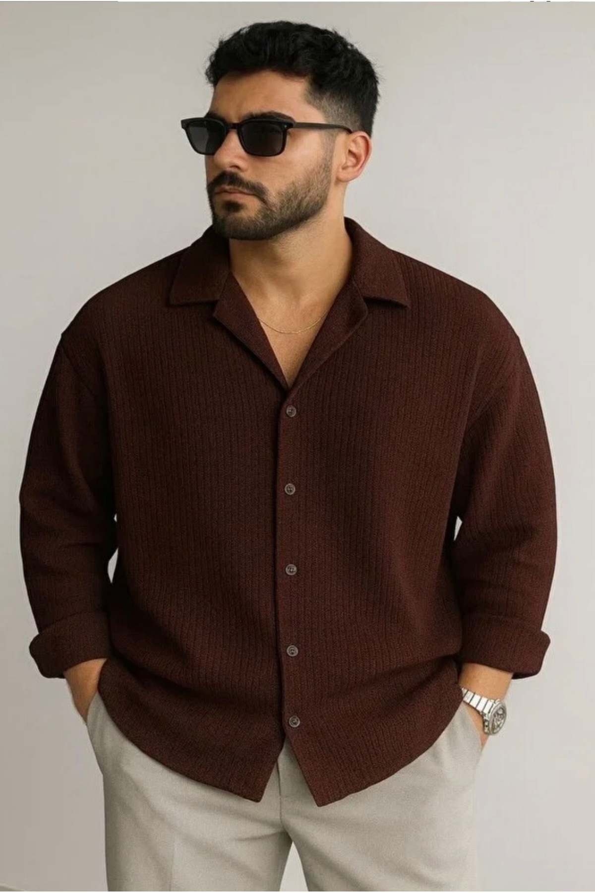 bb butik basic  Ütü gerektirmeyen oversize bürümcük kumaş gömlek KAHVERENGİ - Görsel 6