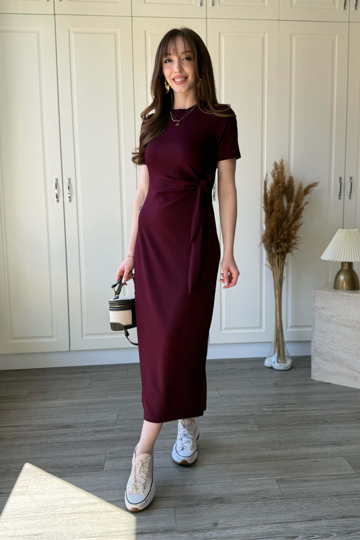 Dilay Gökoğlu Butik  Bağlamalı Bordo Midi Modal Elbise - Görsel 8