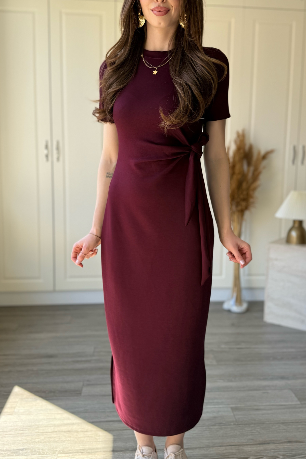 Dilay Gökoğlu Butik  Bağlamalı Bordo Midi Modal Elbise - Görsel 3