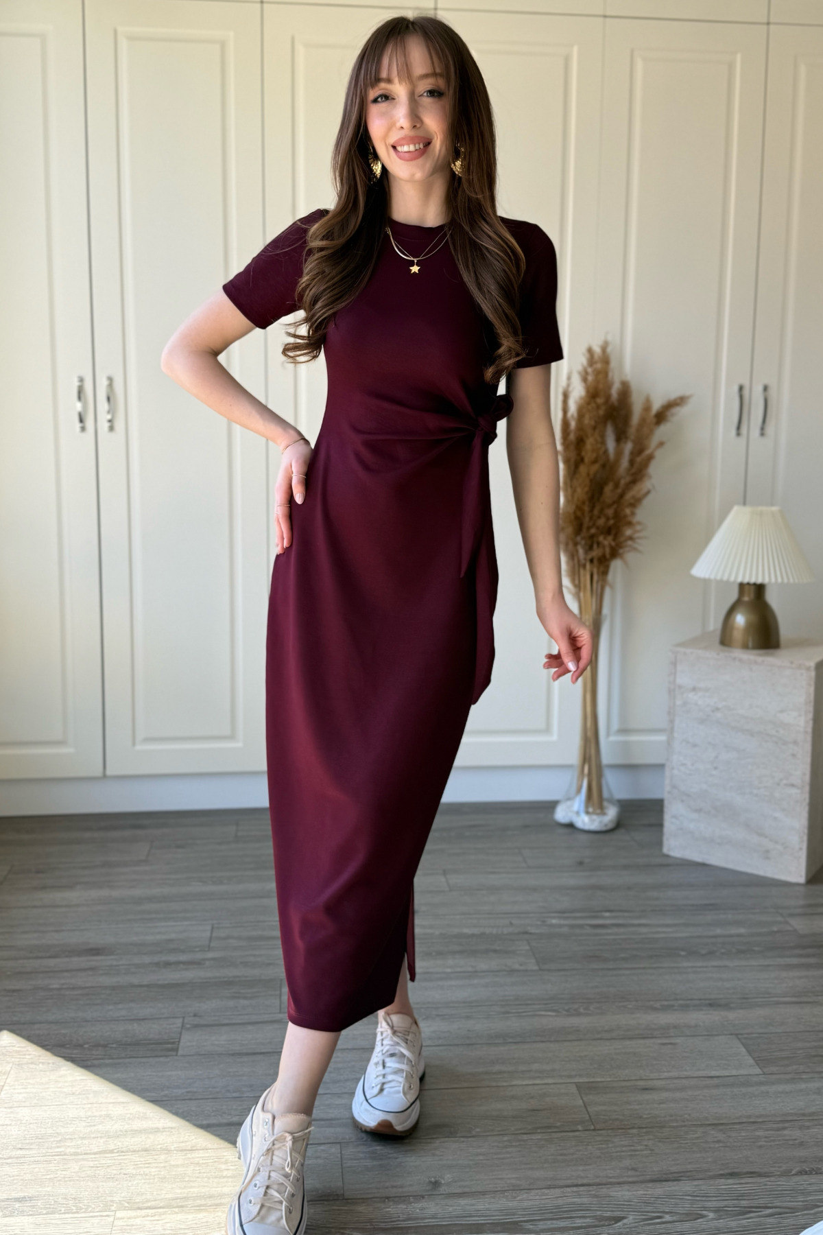 Dilay Gökoğlu Butik  Bağlamalı Bordo Midi Modal Elbise - Görsel 5