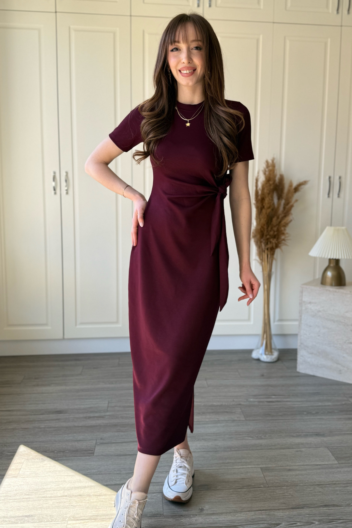Dilay Gökoğlu Butik  Bağlamalı Bordo Midi Modal Elbise