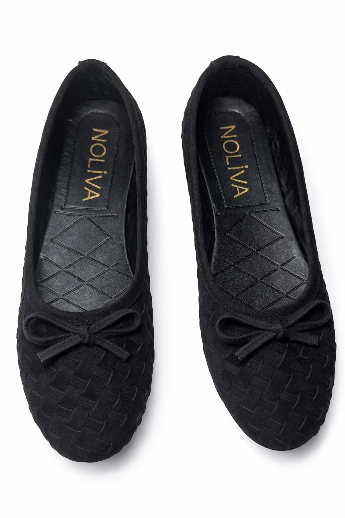 Women's Black Suede Textured Knitted Patterned Bowtie Flats