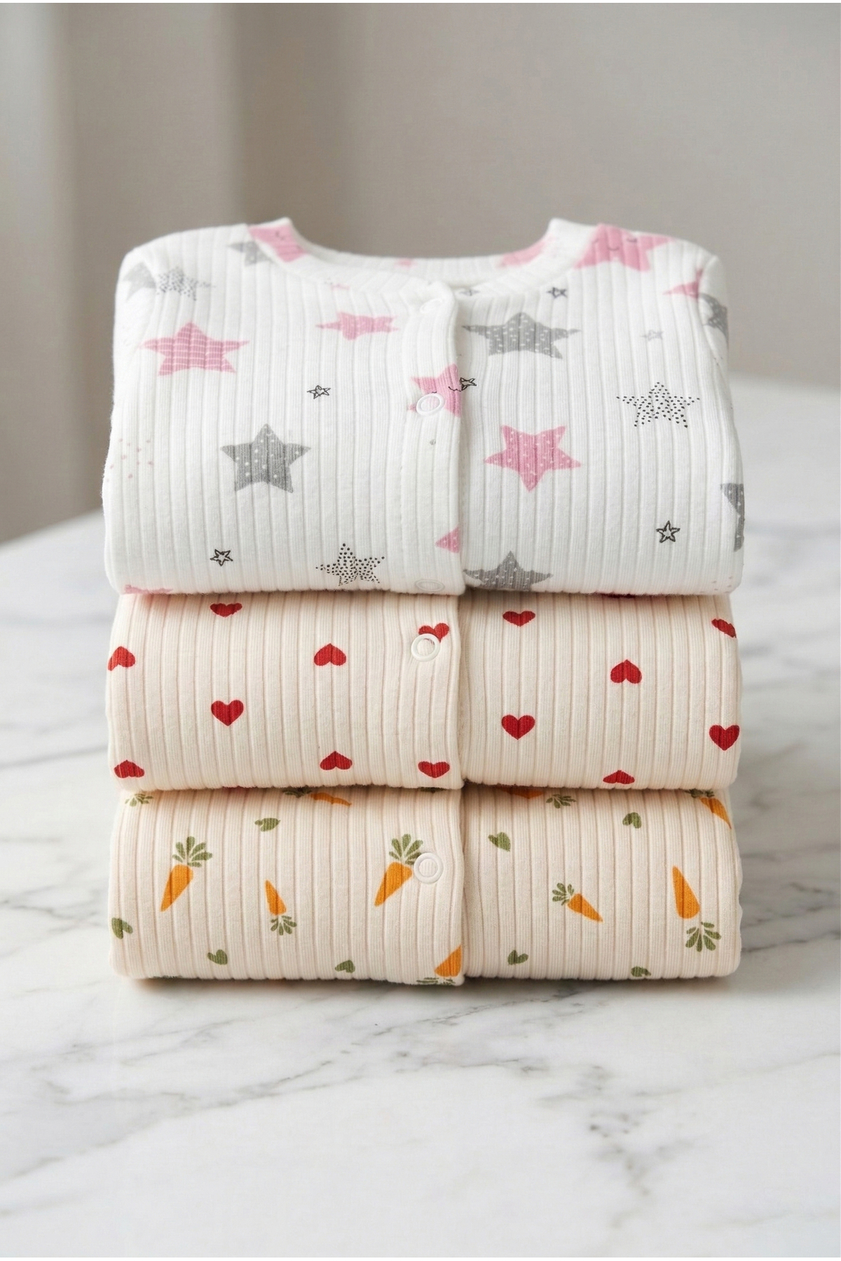Noone 3'lü Uzun Kollu Patikli Bebek Uyku Tulumu Seti - Kalp Desenli Çıtçıtlı Fitilli Pijama fotoğrafı 3 (önizleme)