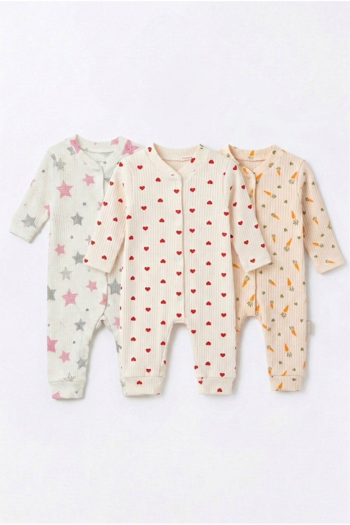 Noone 3'lü Uzun Kollu Patikli Bebek Uyku Tulumu Seti - Kalp Desenli Çıtçıtlı Fitilli Pijama fotoğrafı 4 (önizleme)