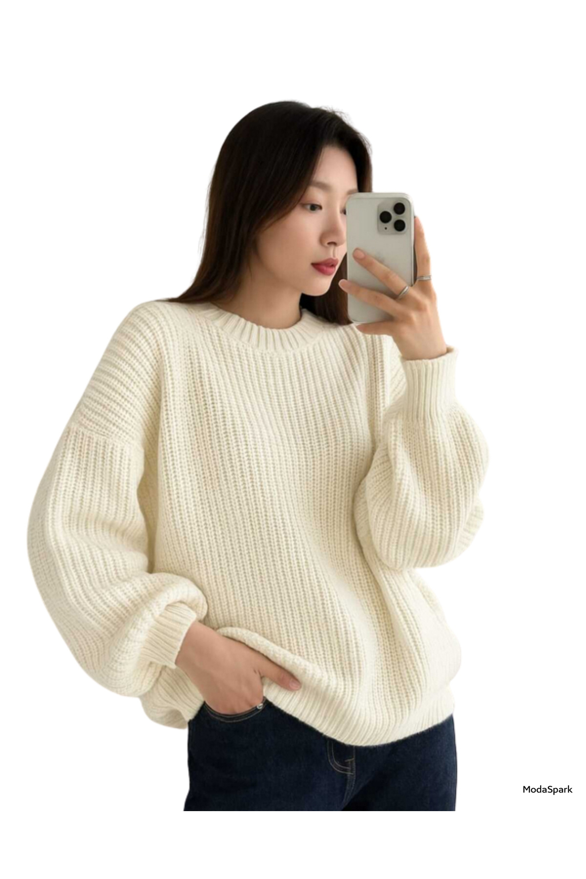 MODASPARK  Ekru Bisiklet Yaka Oversize Kadın Triko Kazak - Görsel 8