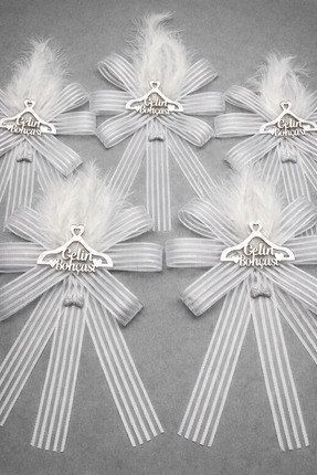 EvremStore Gelin Bohçası Yazılı Pleksili, Tüylü Bohça Süsü - 5 Adet