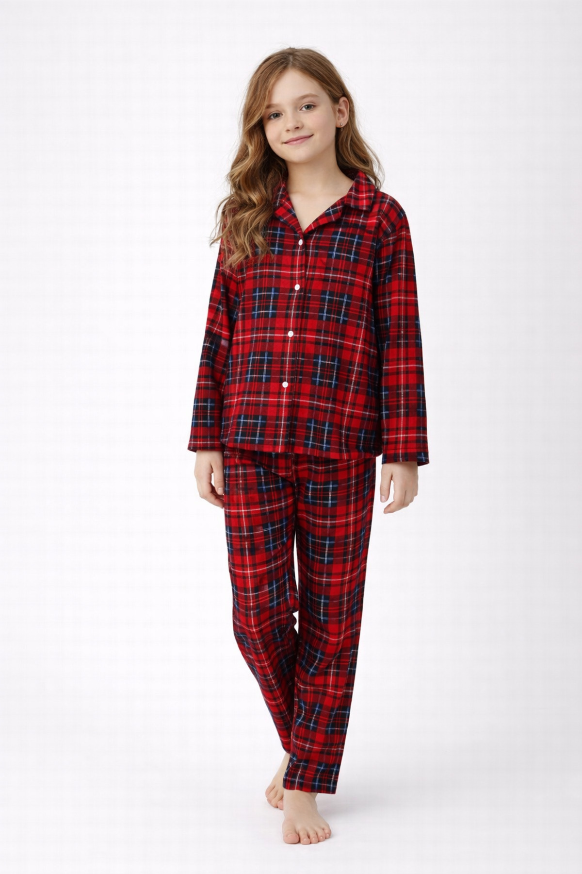 Free Beka Kırmızı Ekose Desenli Uzun Kollu Gömlek Yaka Düğmeli Kız Çocuk Pijama Takımı fotoğrafı 5 (önizleme)