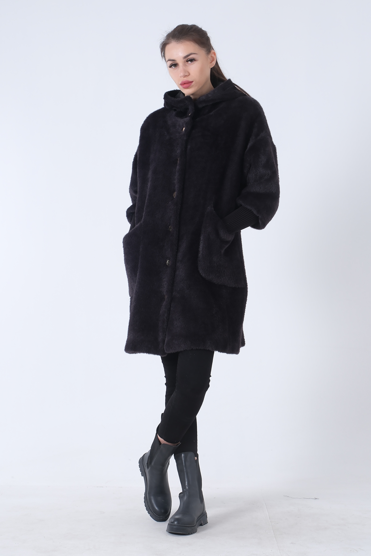 Feminist  Gold Düğmeli Kapüşonlu Yün Peluş Kaban Siyah 44510388