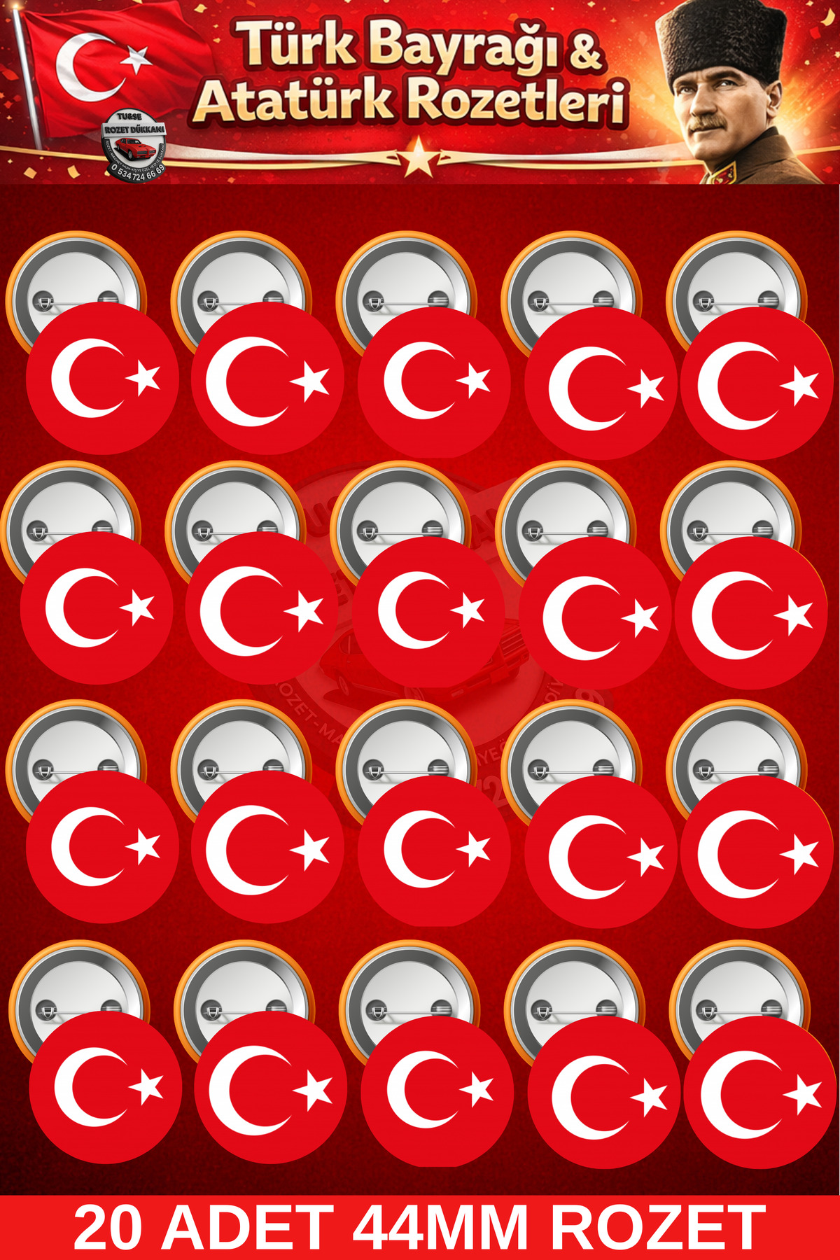 Turkish Flag Badge 20 Pieces – 44mm Moon Star Badge