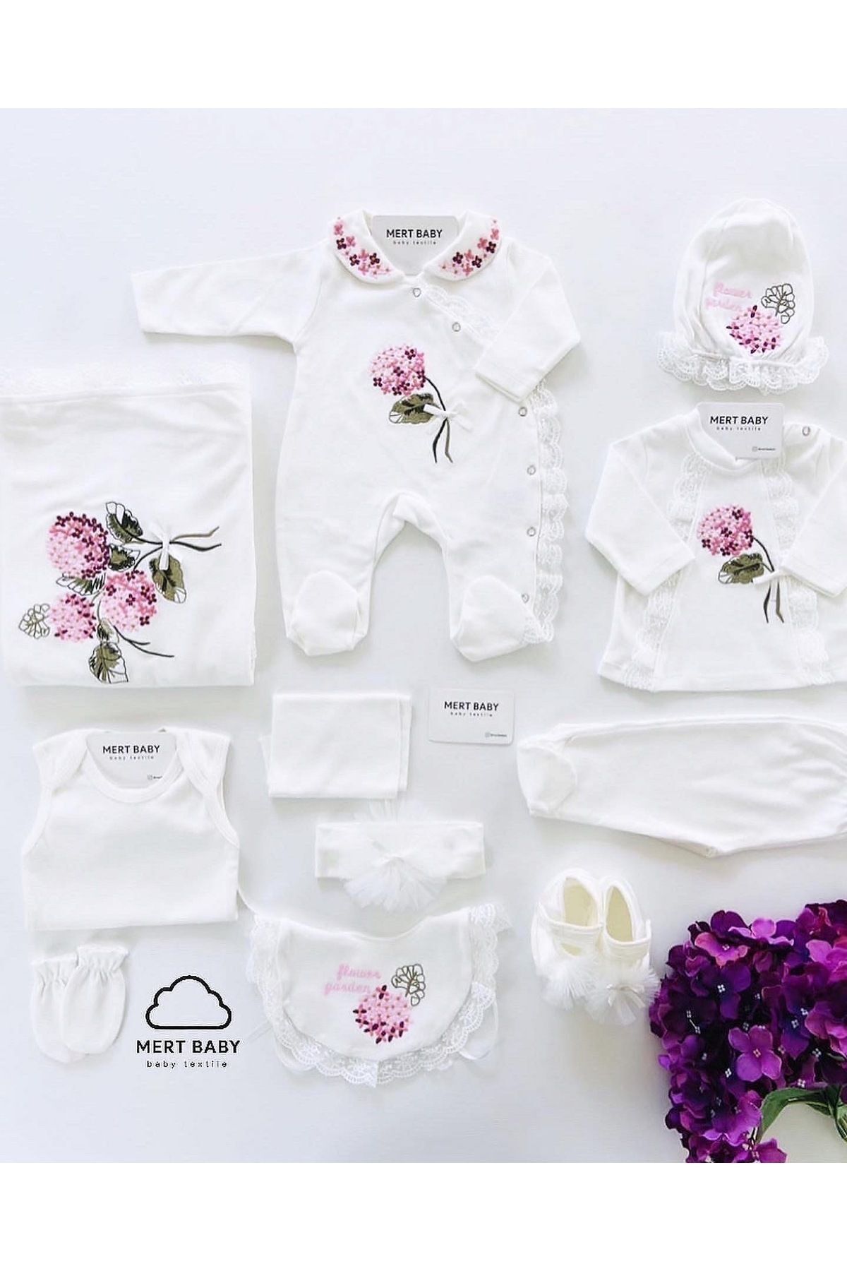 Mert Baby Ortanca Çiçekli 10'lu Organik Hastane Çıkış Seti %100 Pamuk Yenidoğan Kız Bebek fotoğrafı 2 (önizleme)