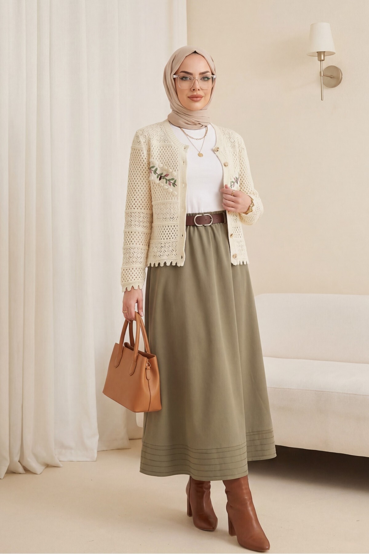 HİJABAYA  Düğmeli önü Nakışlı Ajurlu Triko Hırka - Görsel 3