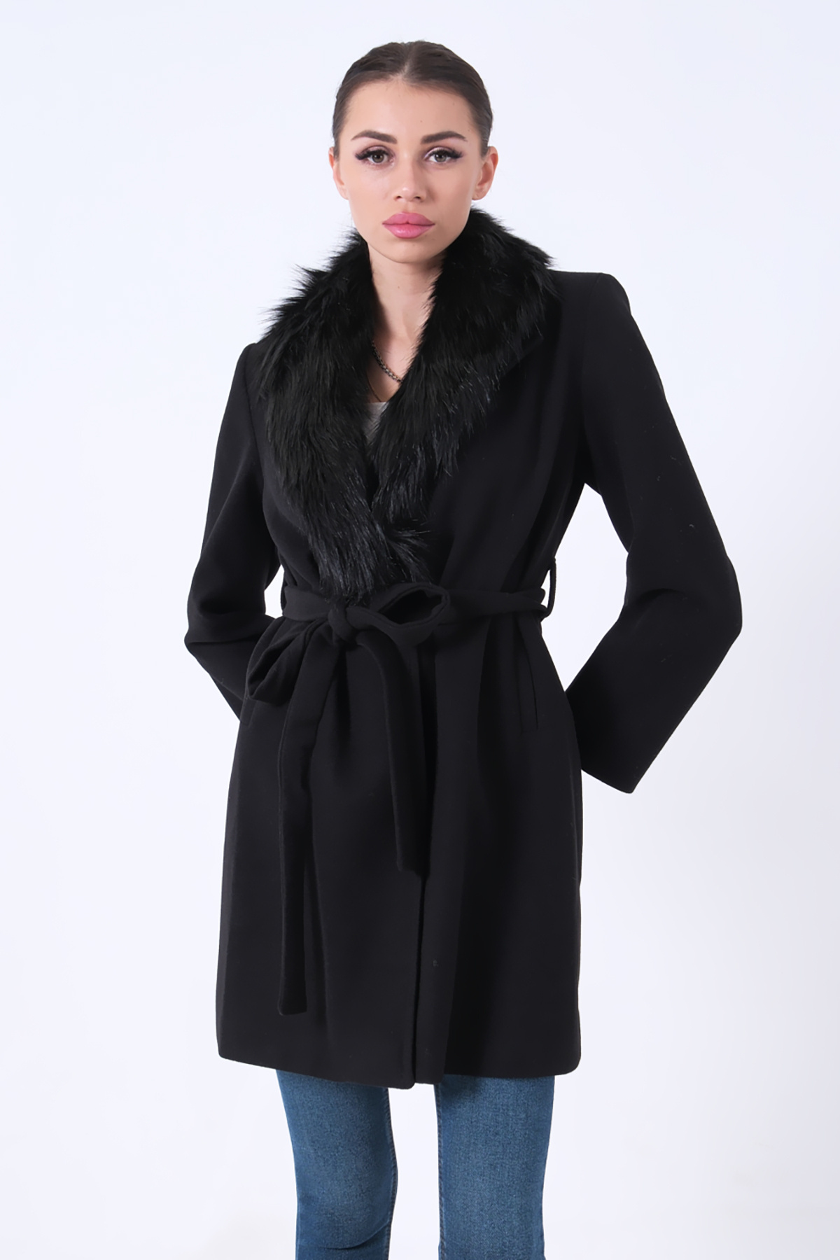 Feminist  Seyyar Kürklü Çift Cepli Kaşe Kaban Siyah 0108080