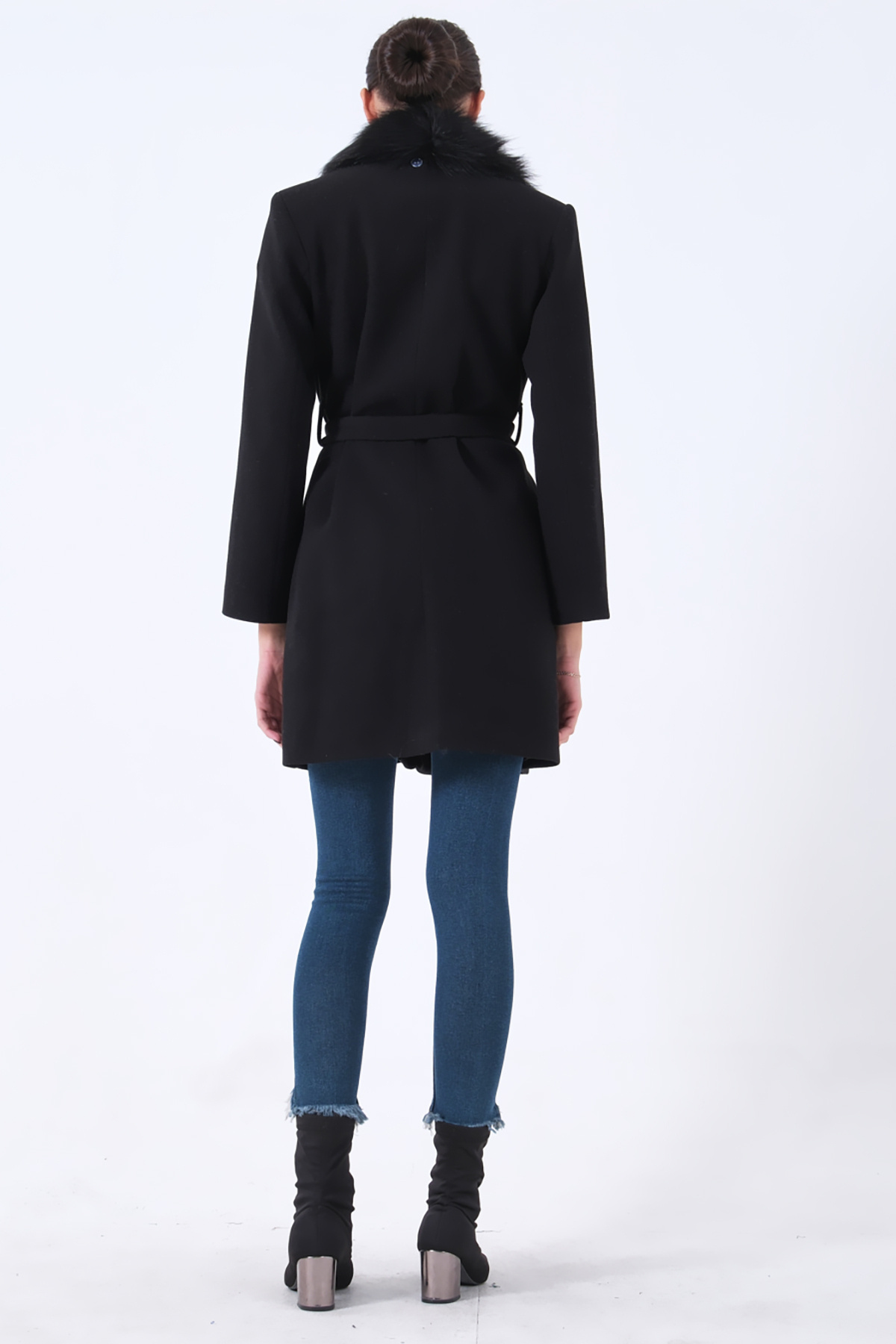 Feminist  Seyyar Kürklü Çift Cepli Kaşe Kaban Siyah 0108080 - Görsel 6