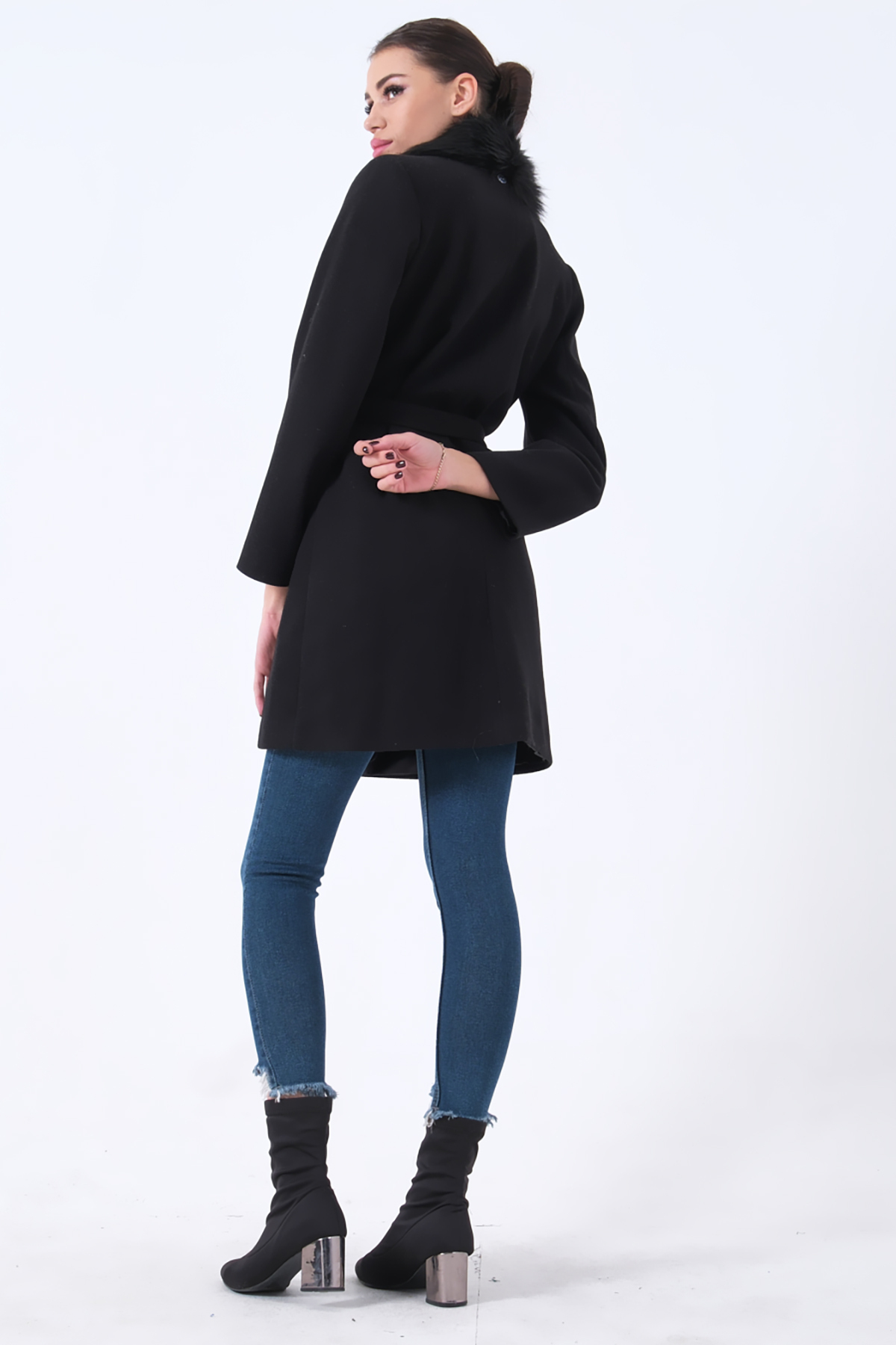 Feminist  Seyyar Kürklü Çift Cepli Kaşe Kaban Siyah 0108080 - Görsel 5