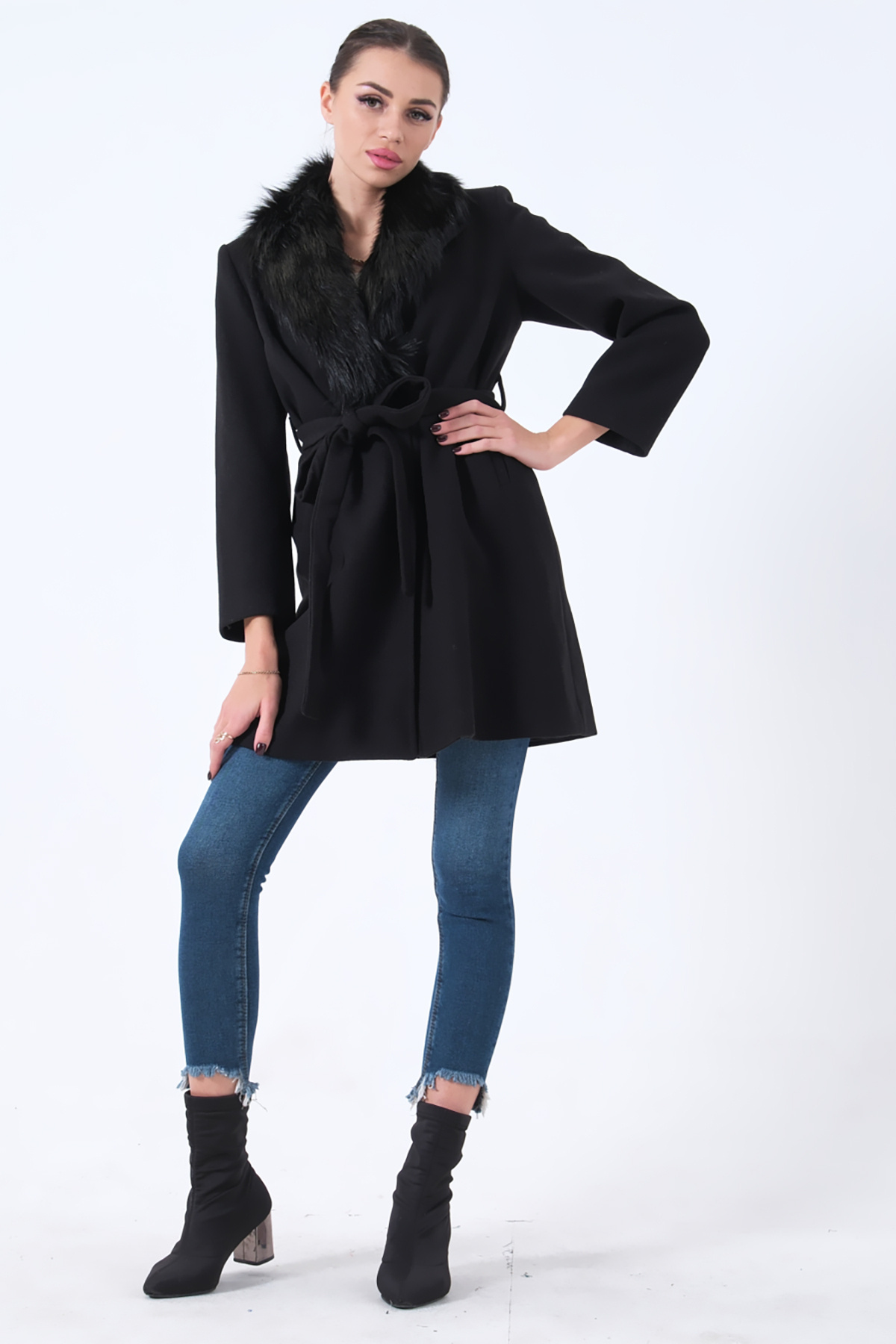 Feminist  Seyyar Kürklü Çift Cepli Kaşe Kaban Siyah 0108080 - Görsel 2