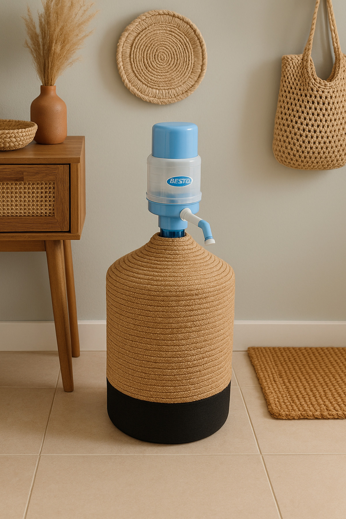 Jute Wicker Look Dropper Cover, Stylish and Natural Water Dispenser Cover.
