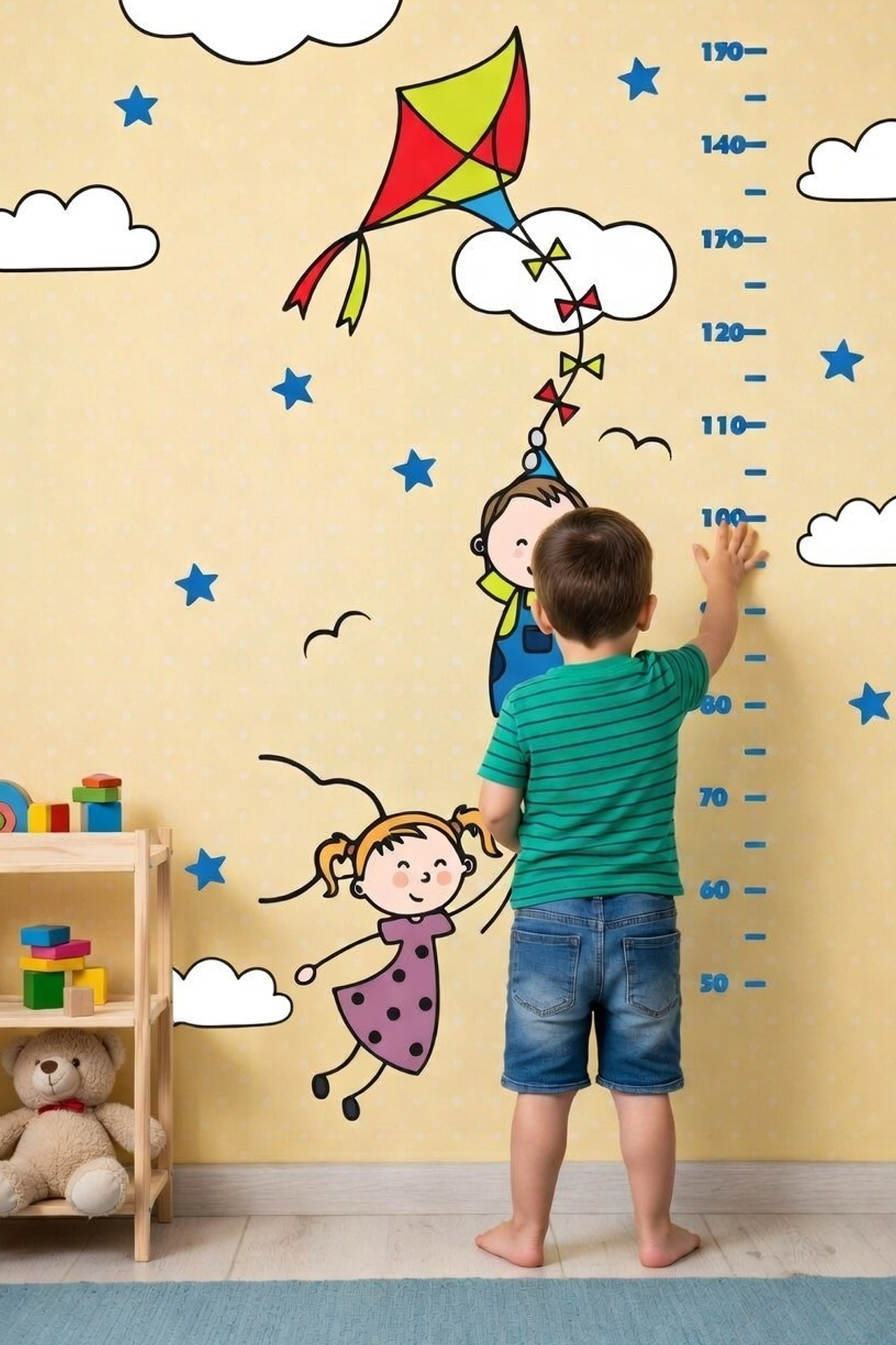 Kite Flying Cute Kids Height Gauge Kids Room Wall Stickers Set