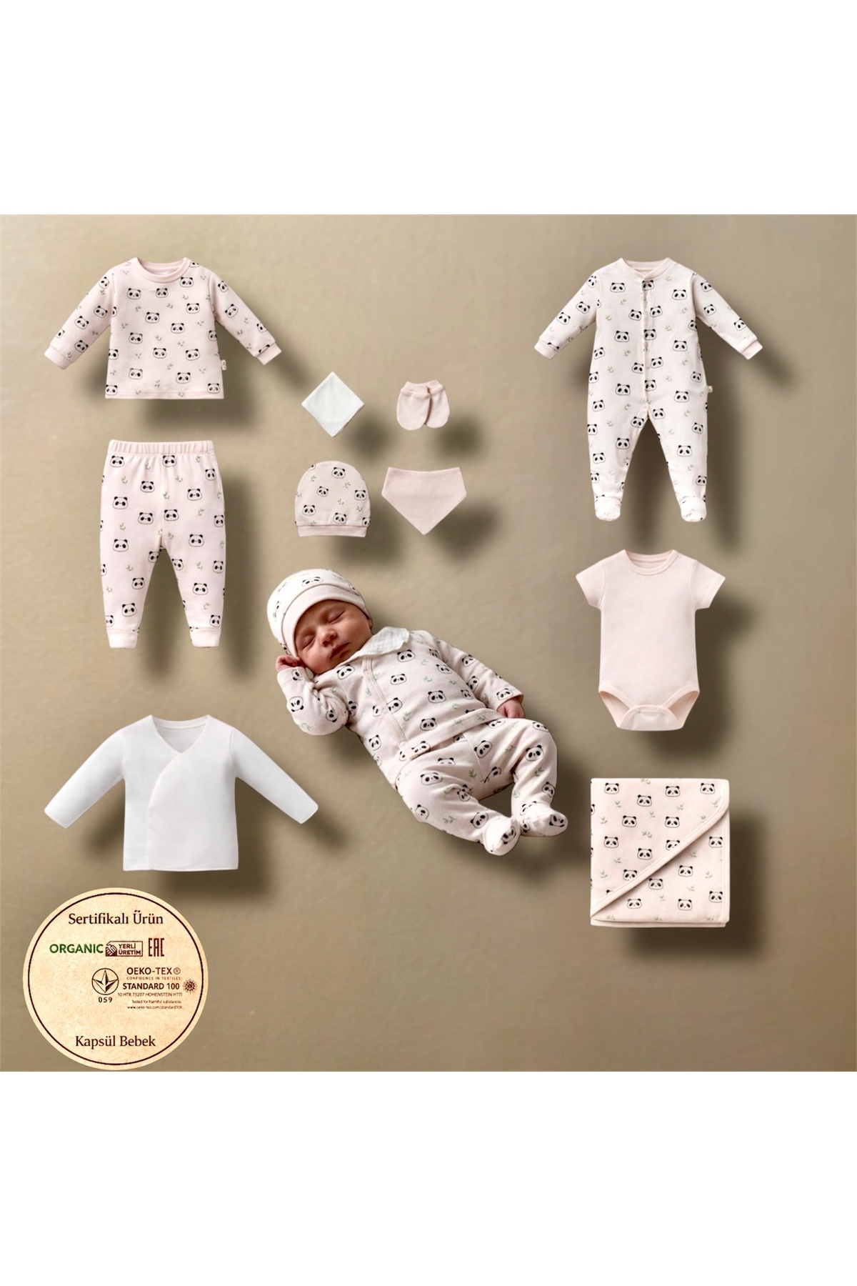 KapsülBebek %100 organik pamuk 10’lu yenidoğan hastane çıkışı seti – 0-3 ay bebek takımı desenli fotoğrafı 2 (önizleme)