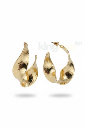 King Bee NAPOLİ SERİ KADIN Altın Renk Dalga Formlu Büyük Boy Halka Küpe |Mode...
