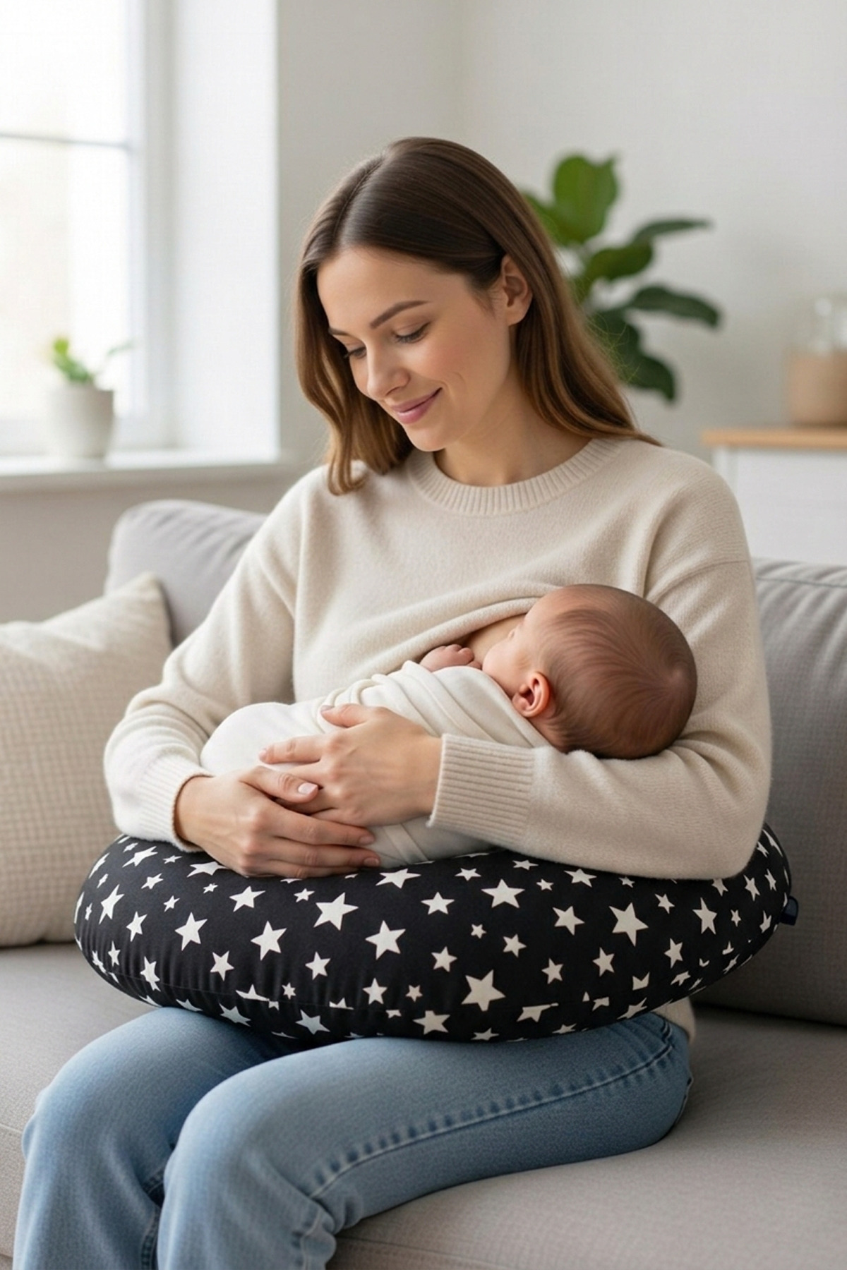 Bundeba Yenidoğan Siyah Emzirme Yastığı Bebek Destek Minderi Hamile Anne Bebek Emzirme Yastığı Pamuklu fotoğrafı 3 (önizleme)