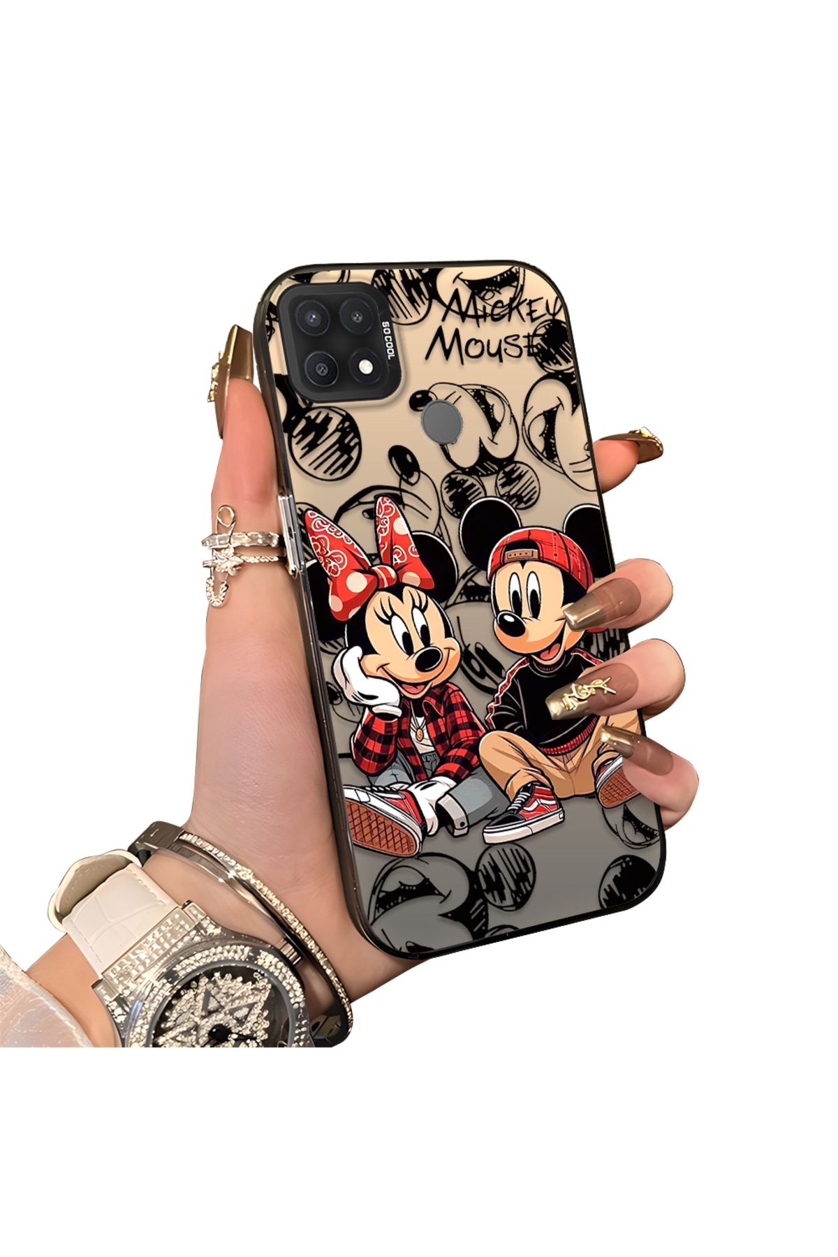 OPPO A15/A15S Compatible Hard Acrylic Rear Silicone Edge Lens Protection Case Mickey